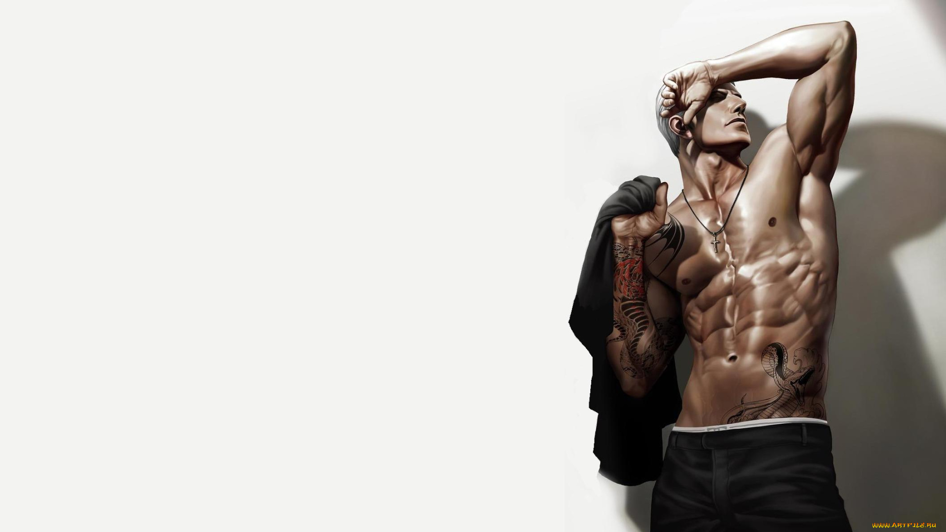 рисованное, люди, брюки, торс, тату, крестик, парень