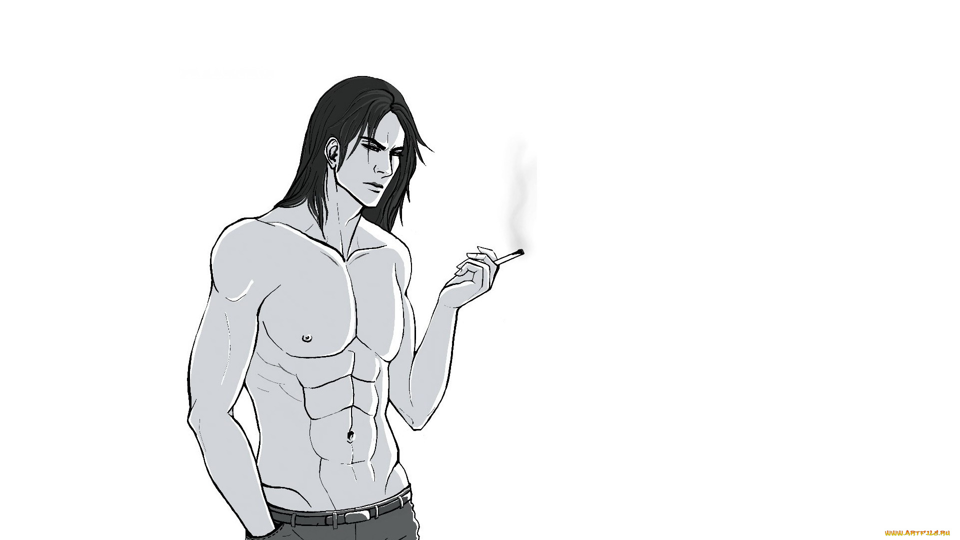 рисованное, люди, сигарета, торс, парень, дым