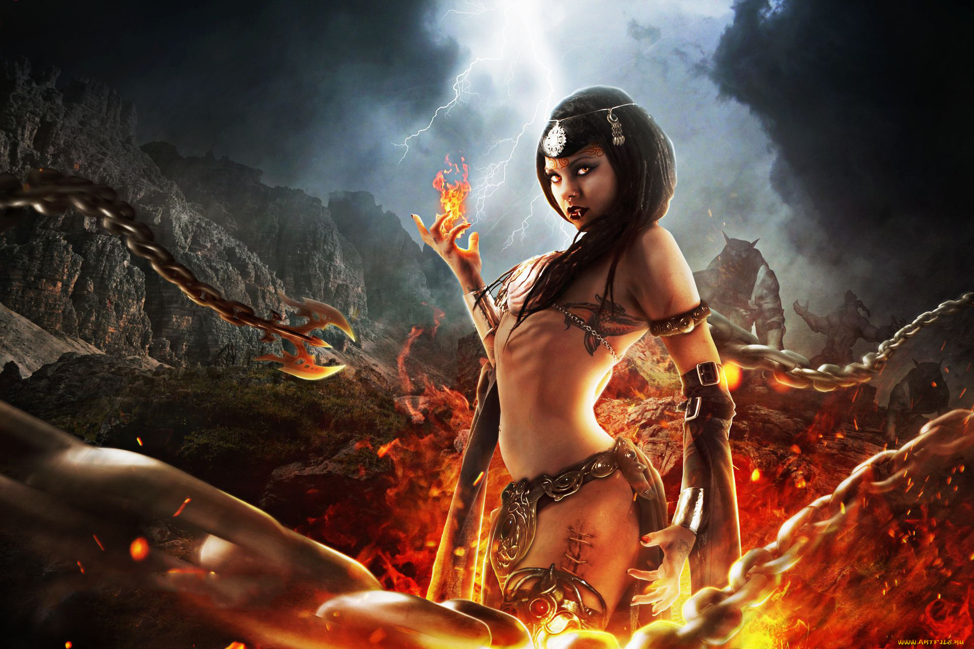 фэнтези, существа, огонь, цепь, униформа, взгляд, фон, девушка