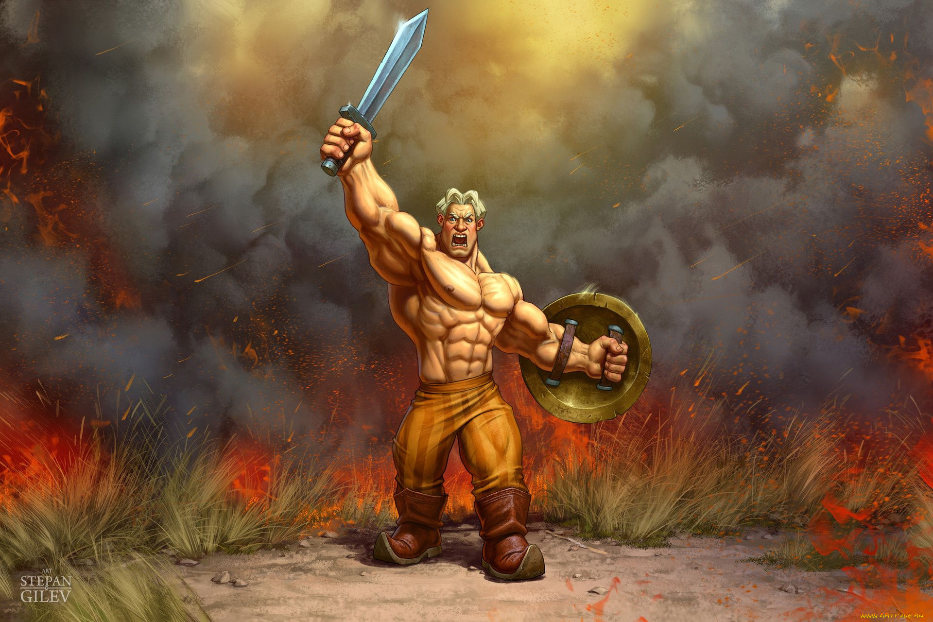 рисованное, кино, алеша, попович, богатырь, меч, щит, поле, огонь, дым