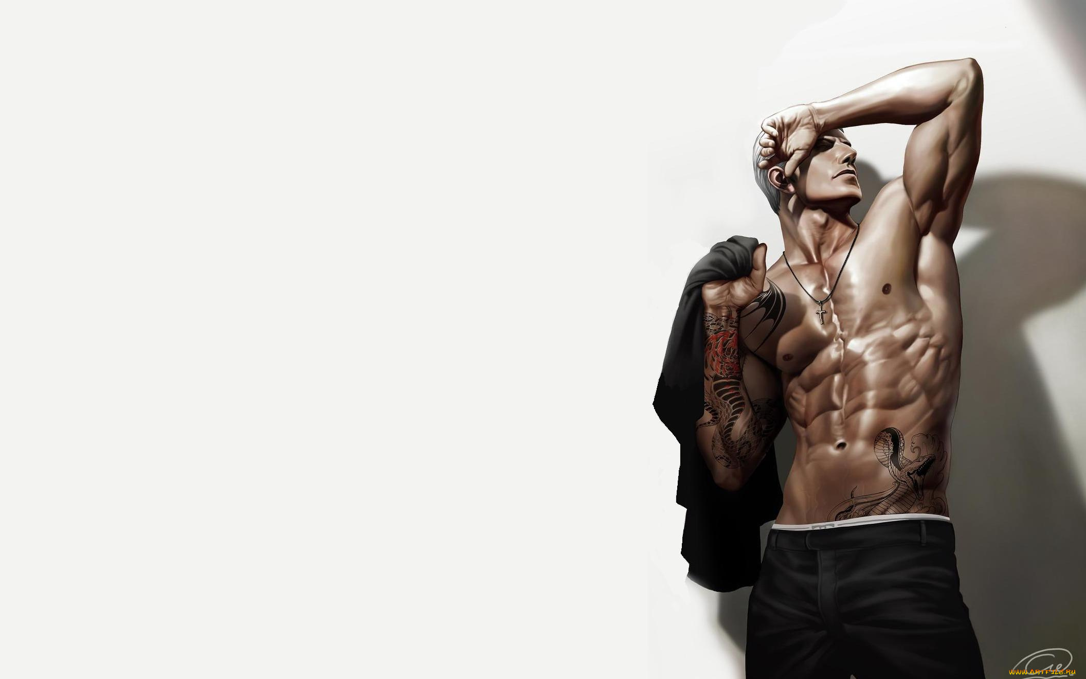 рисованное, люди, брюки, торс, тату, крестик, парень