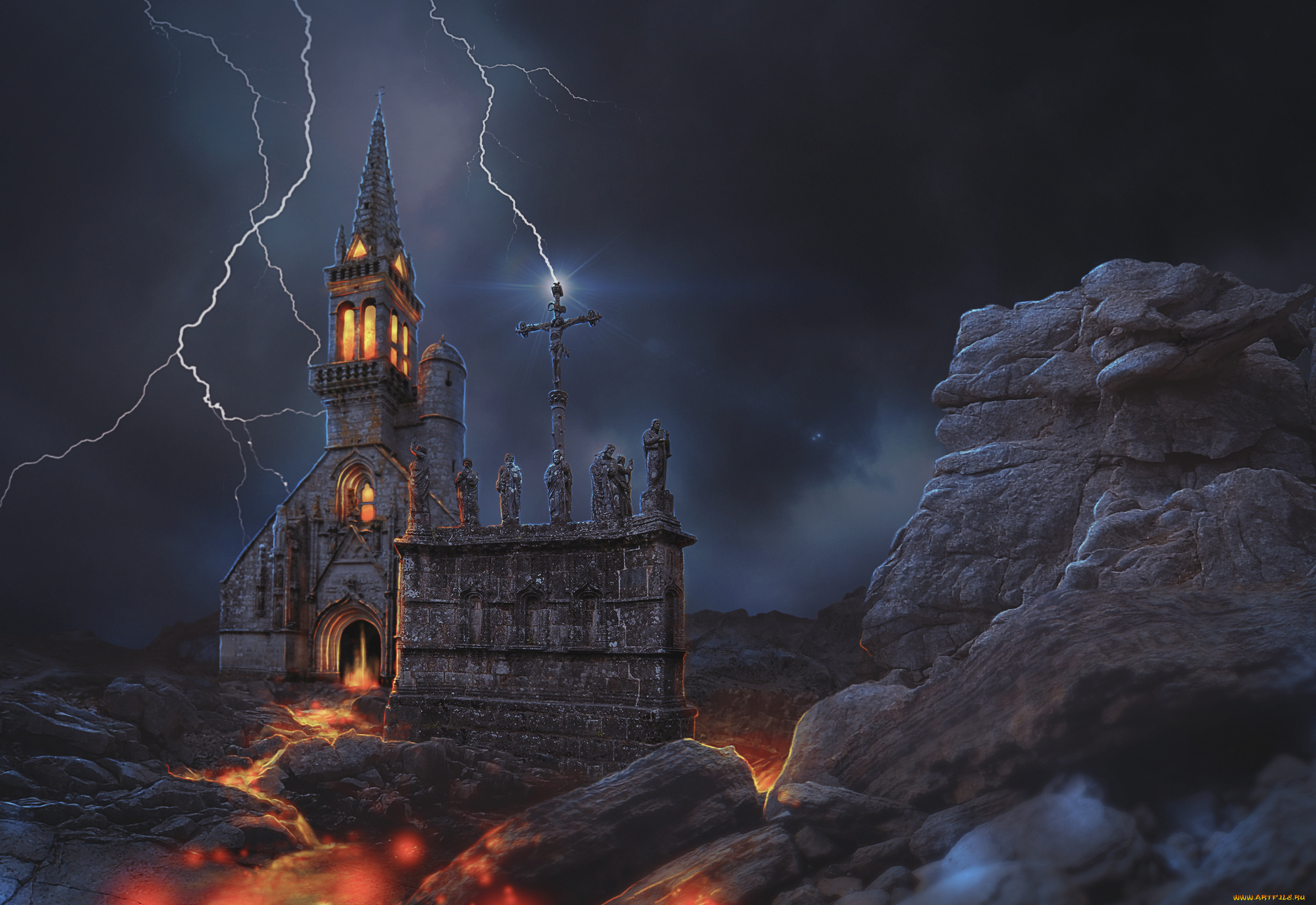 фэнтези, замки, замок, стена, скала, молния, фон
