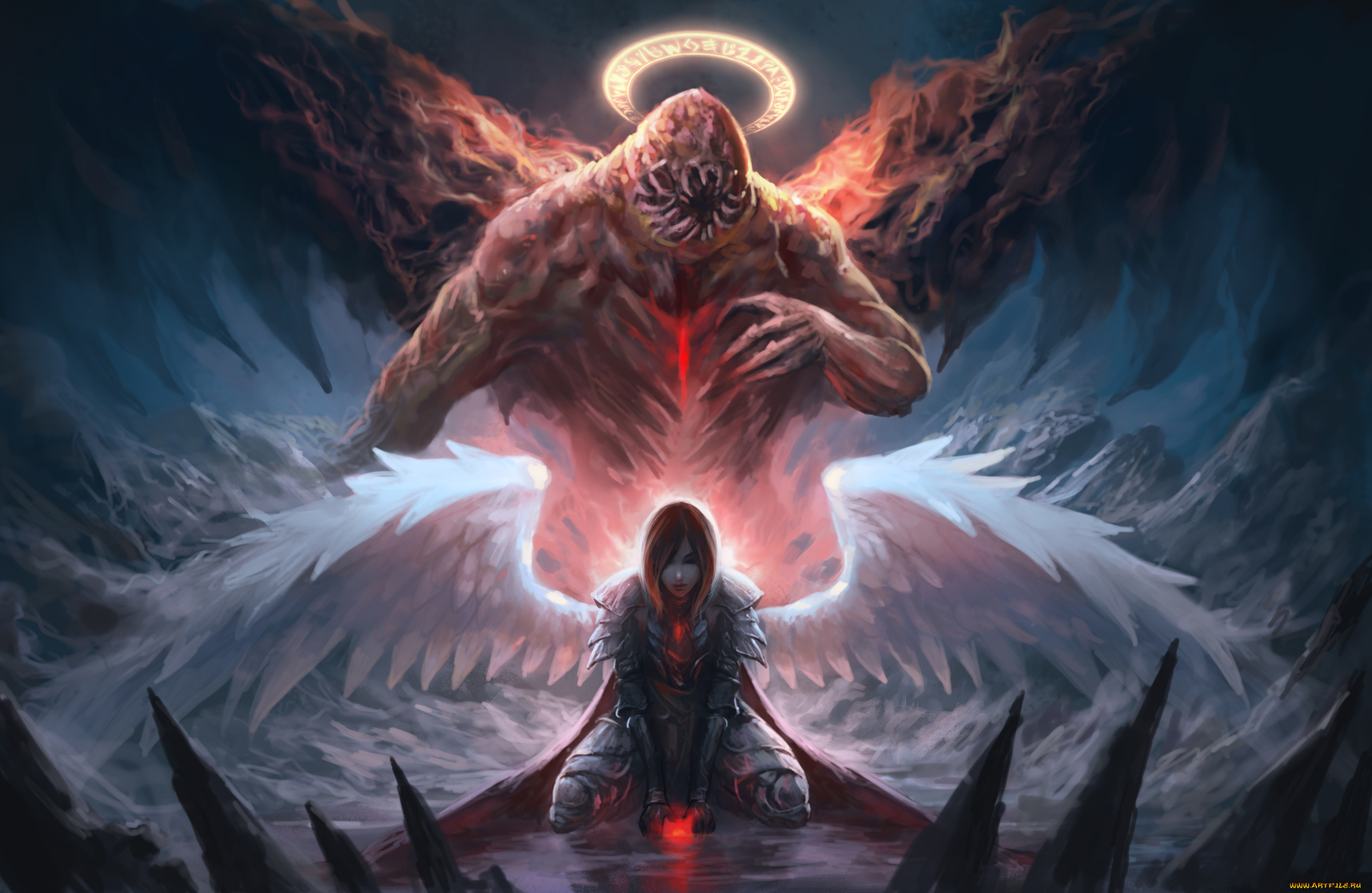 фэнтези, существа, нимб, существо, крылья, фон, девушка