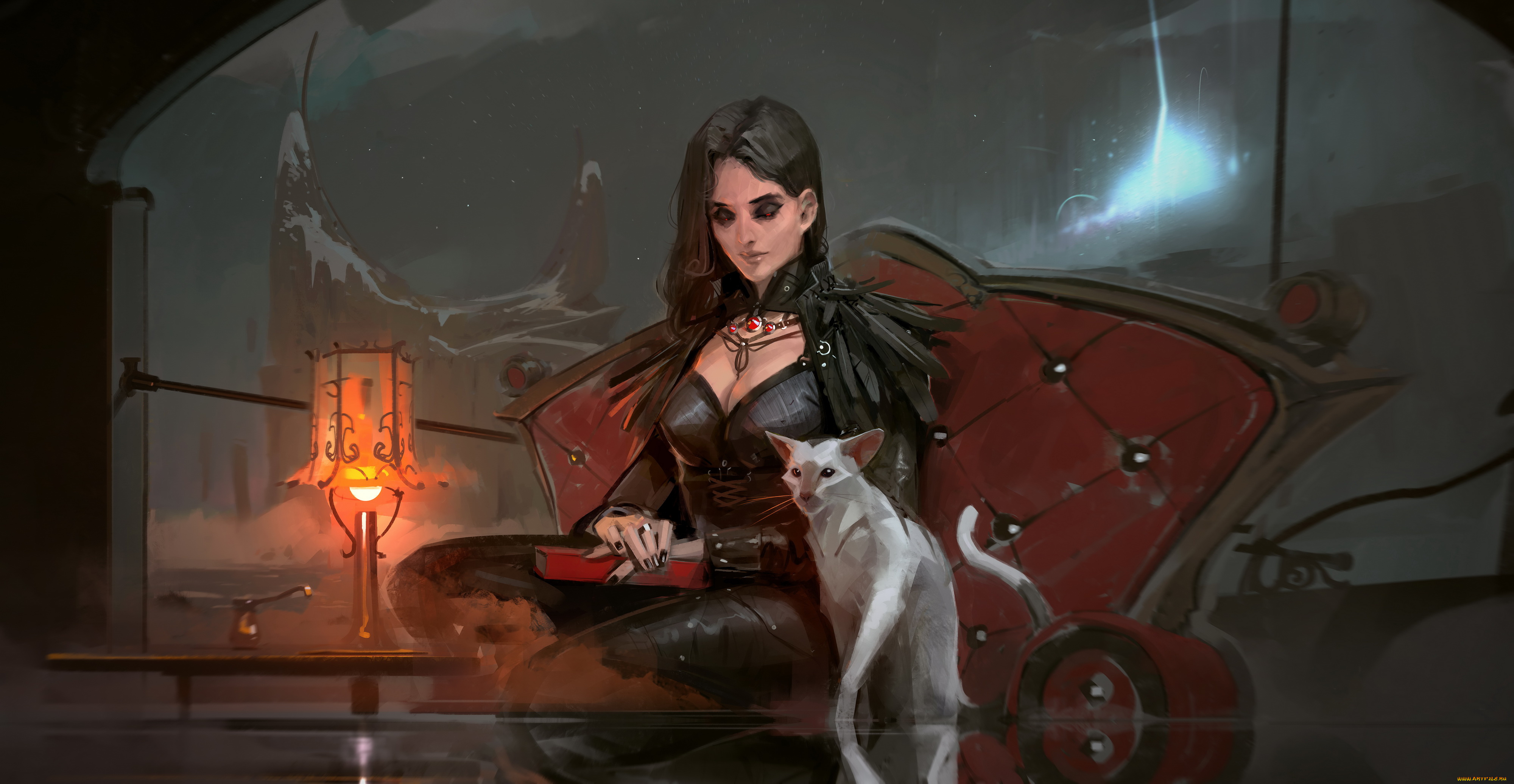 рисованное, люди, кресло, фон, книга, кот, девушка