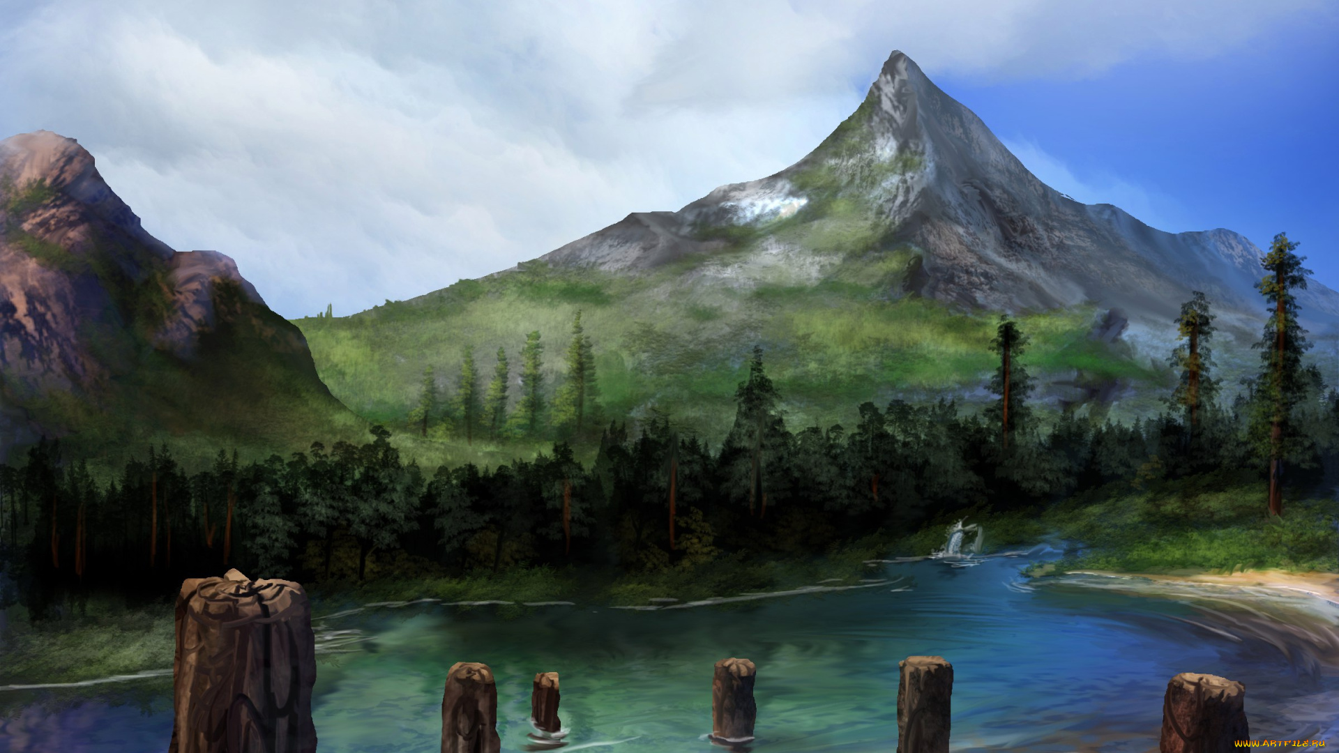 рисованное, природа, горы, лес, река, столбы
