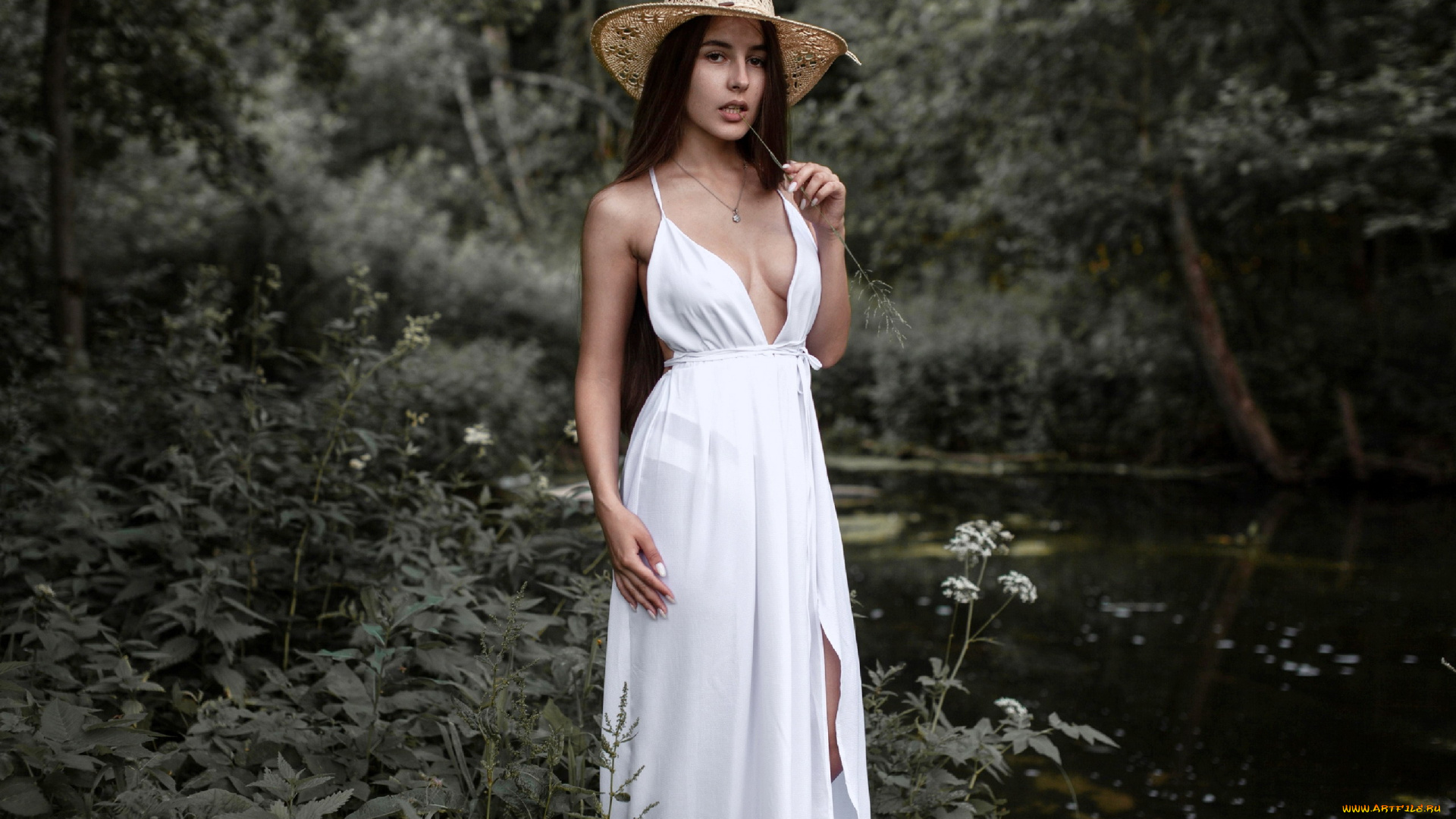 девушки, надежда, звёздочкина, река, брюнетка, шляпа