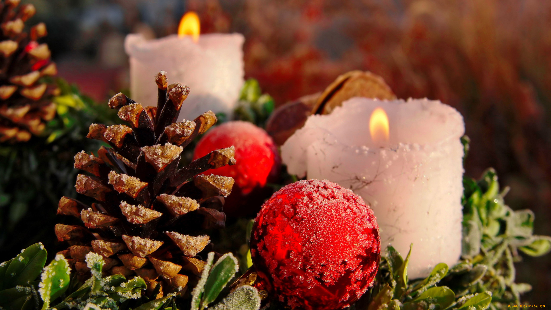 праздничные, новогодние, свечи, шишка, свечи, шарики, огоньки