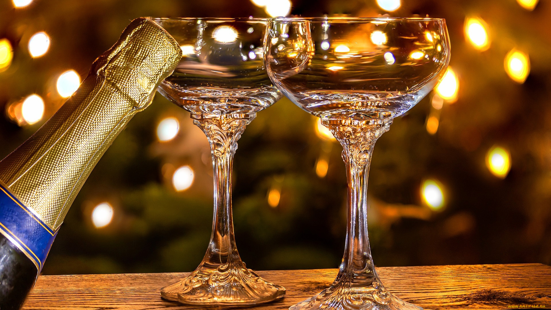 праздничные, угощения, бокалы, бутылка, шампанское, боке