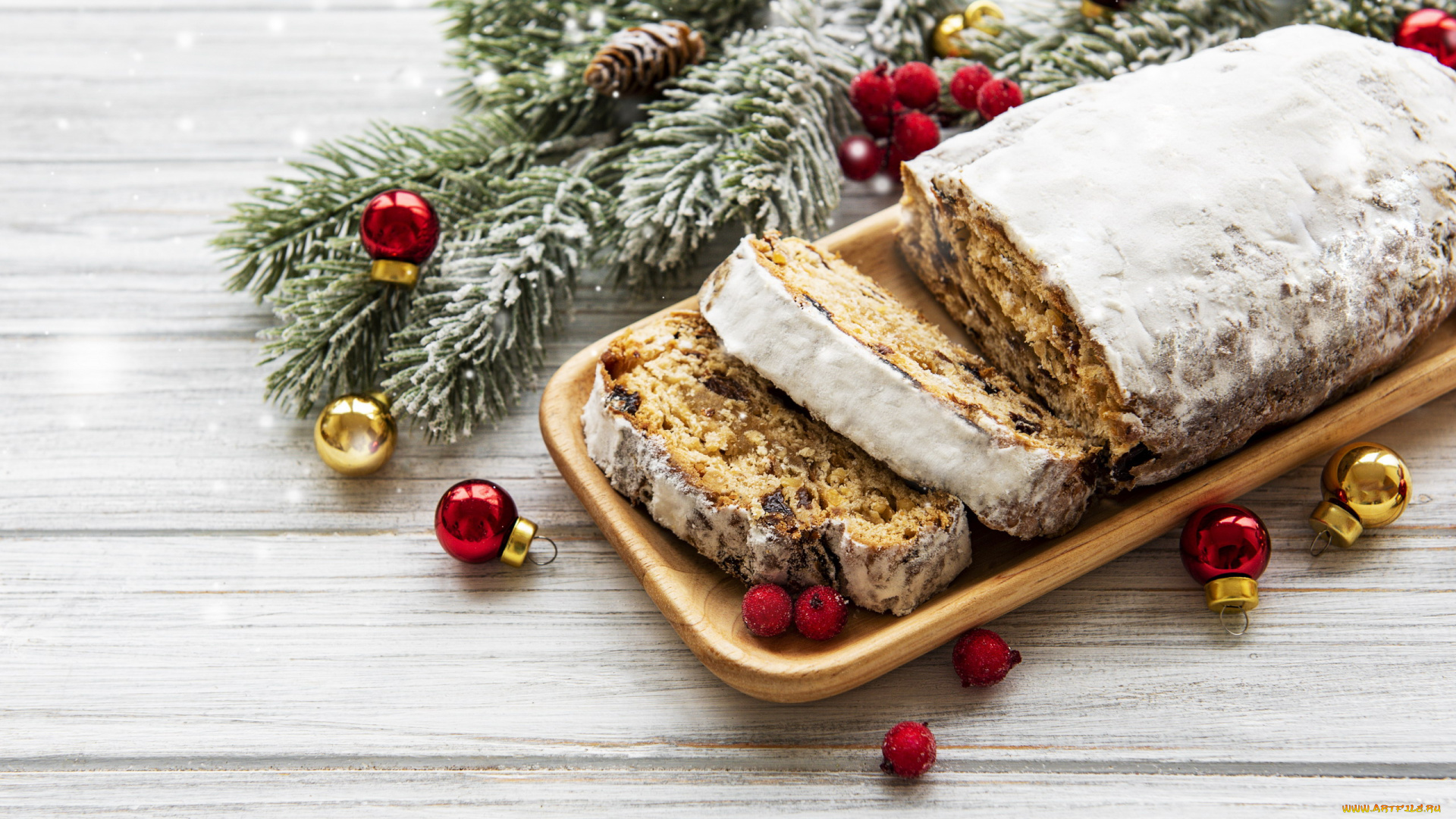 праздничные, угощения, еловая, ветка, шарики, праздничный, пирог