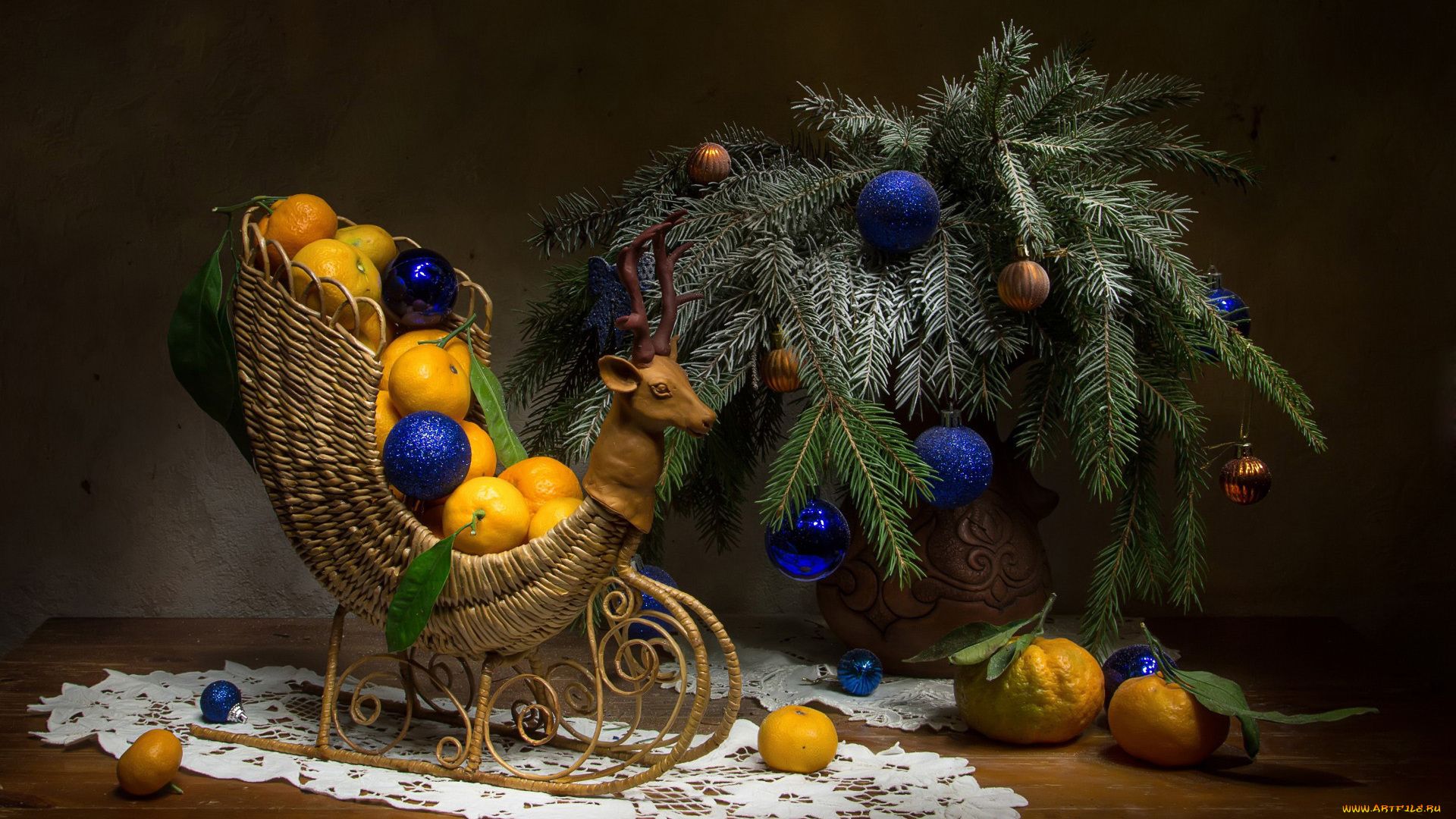 праздничные, угощения, ветки, мандарины, шарики