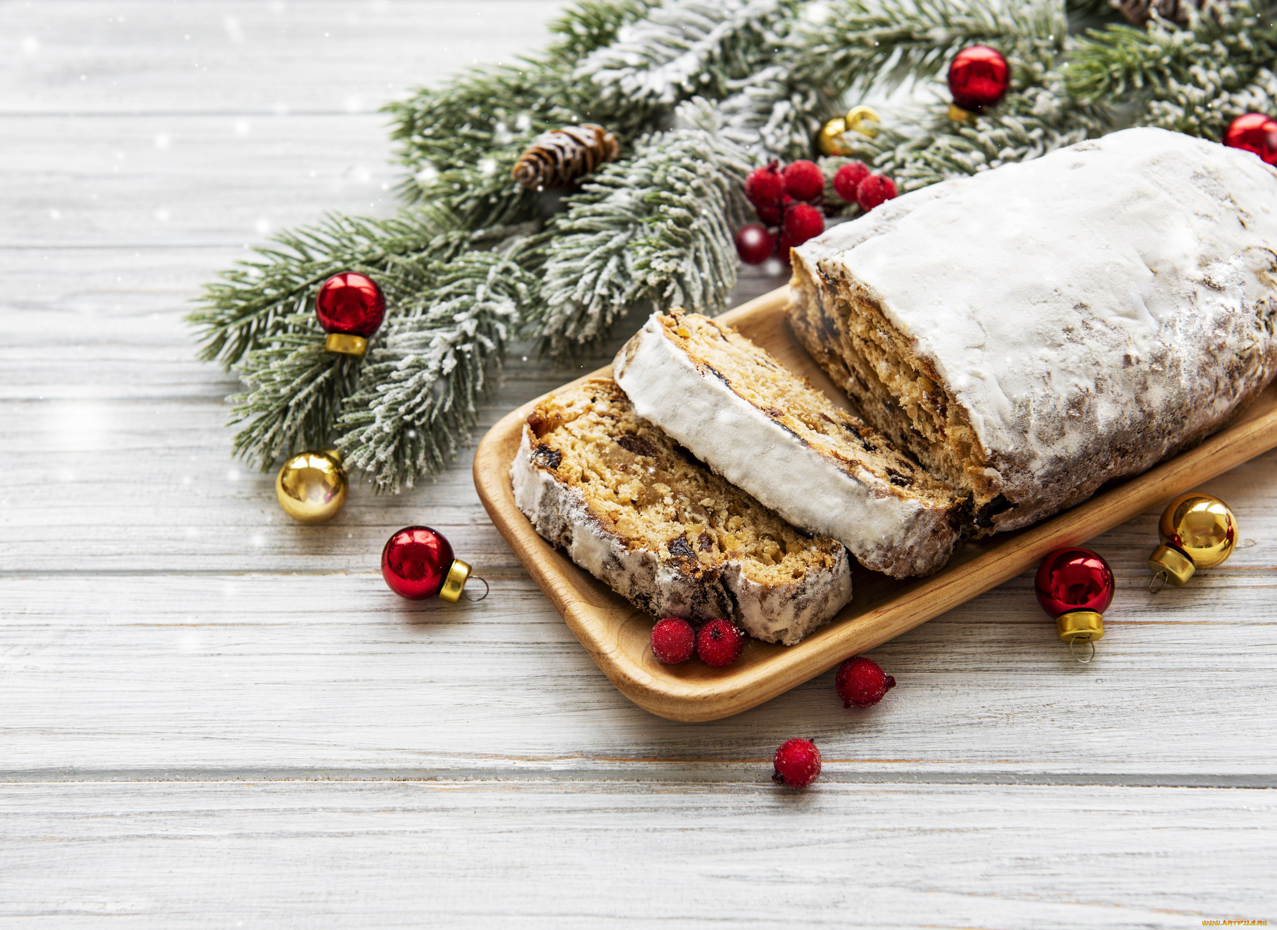 праздничные, угощения, еловая, ветка, шарики, праздничный, пирог