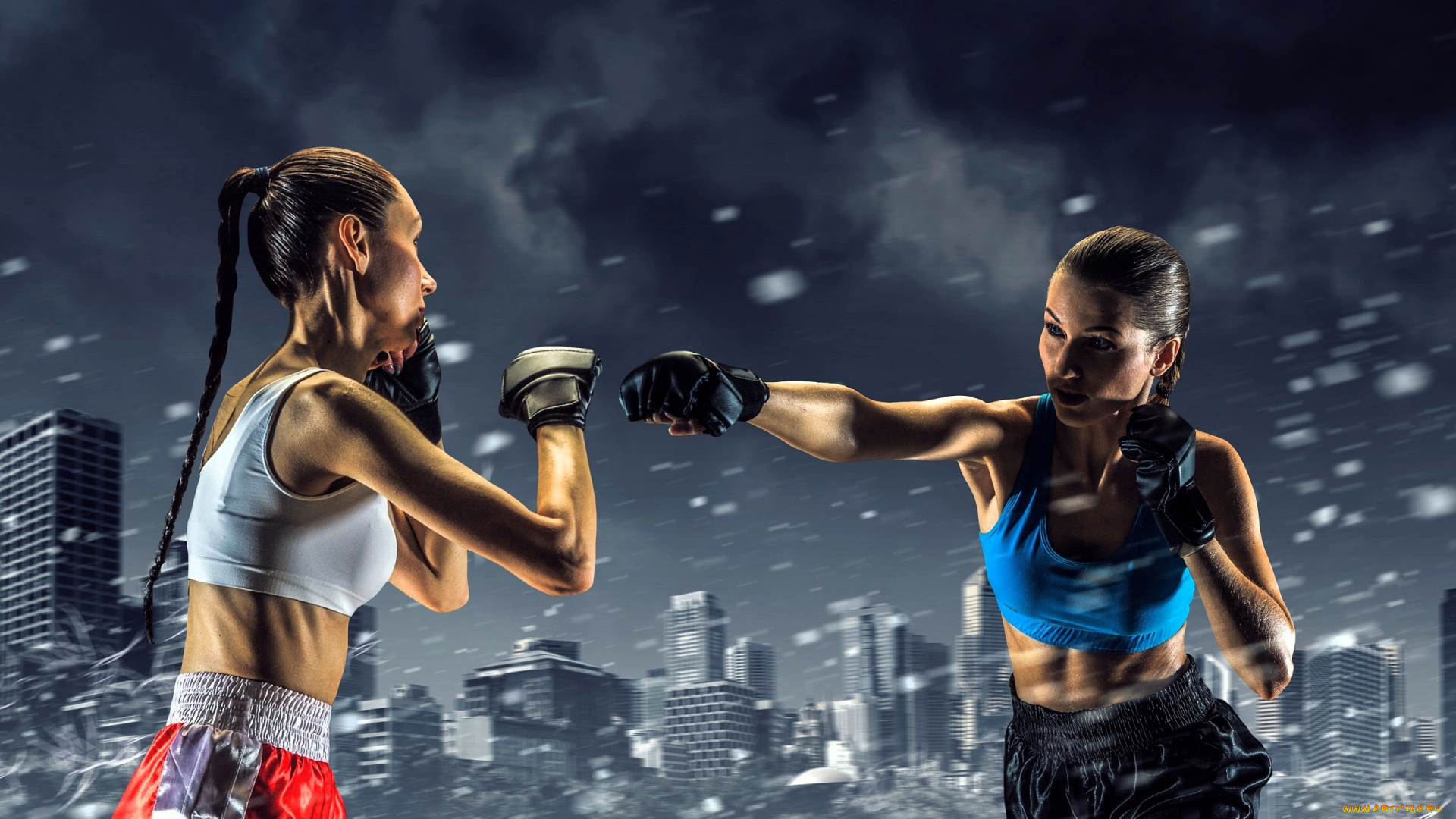 спорт, кик-боксинг, девушки, бокс, поединок, снег, город