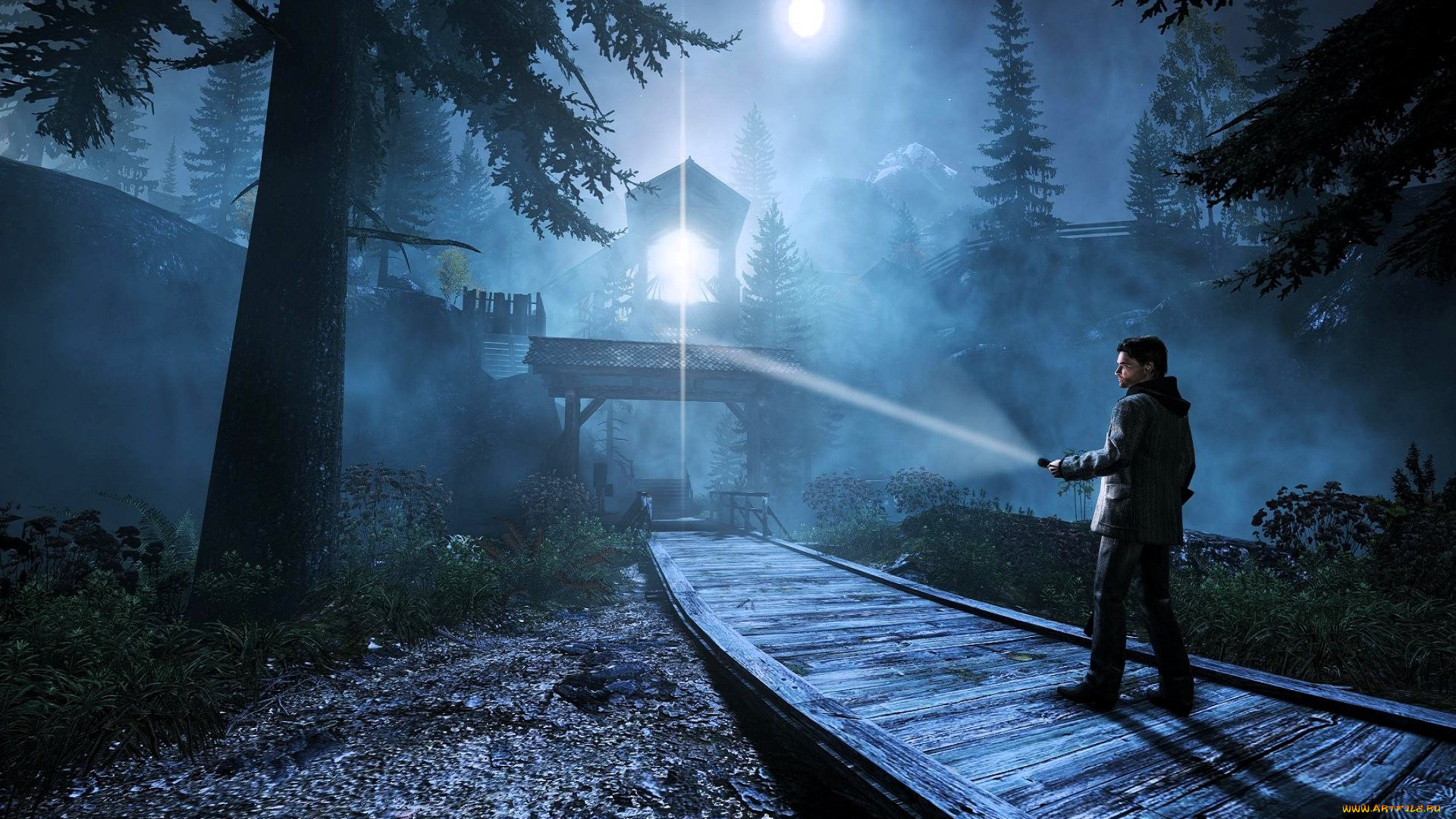 видео, игры, alan, wake, мужчина, фонарь, дорога, лес, строения