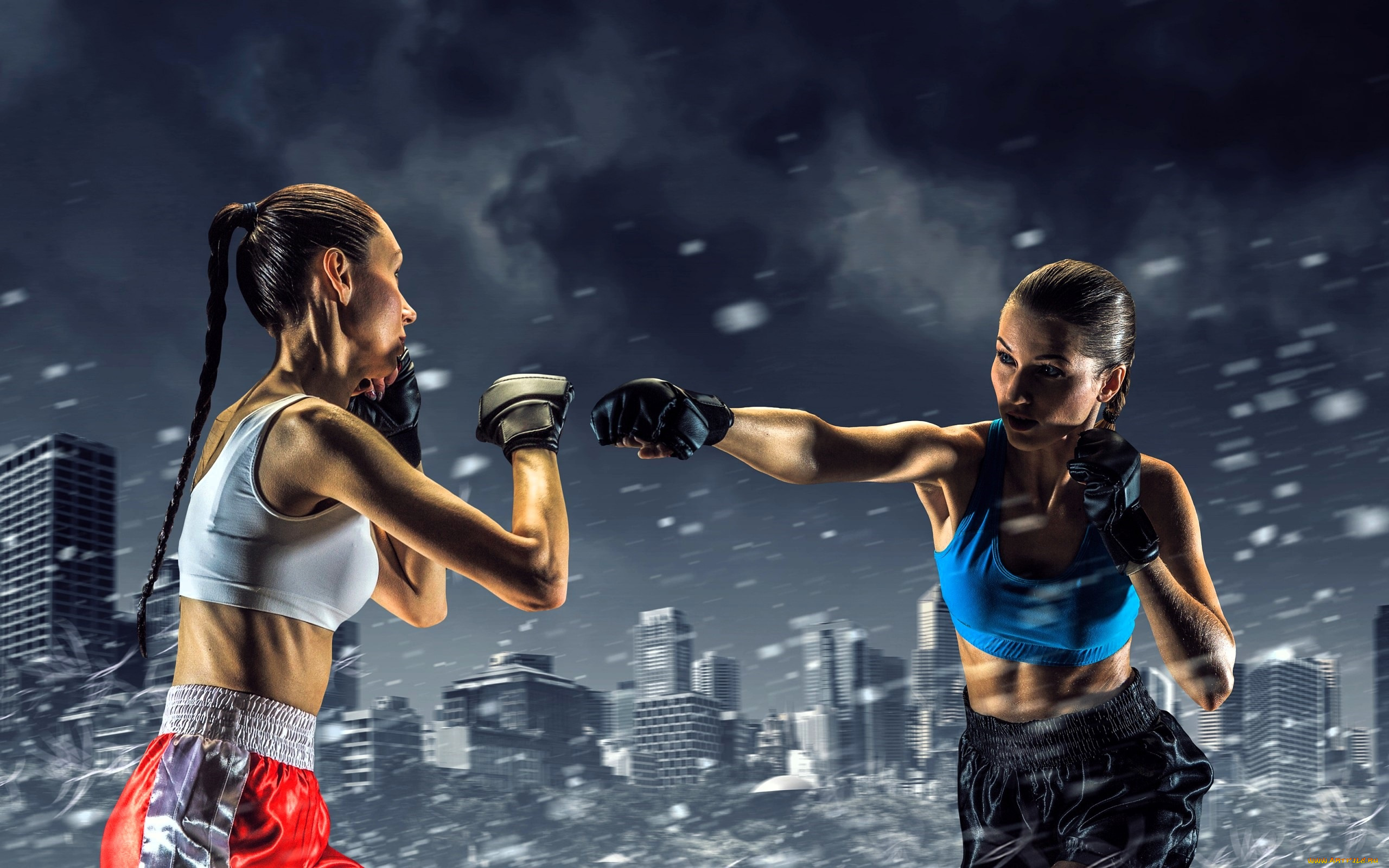 спорт, кик-боксинг, девушки, бокс, поединок, снег, город