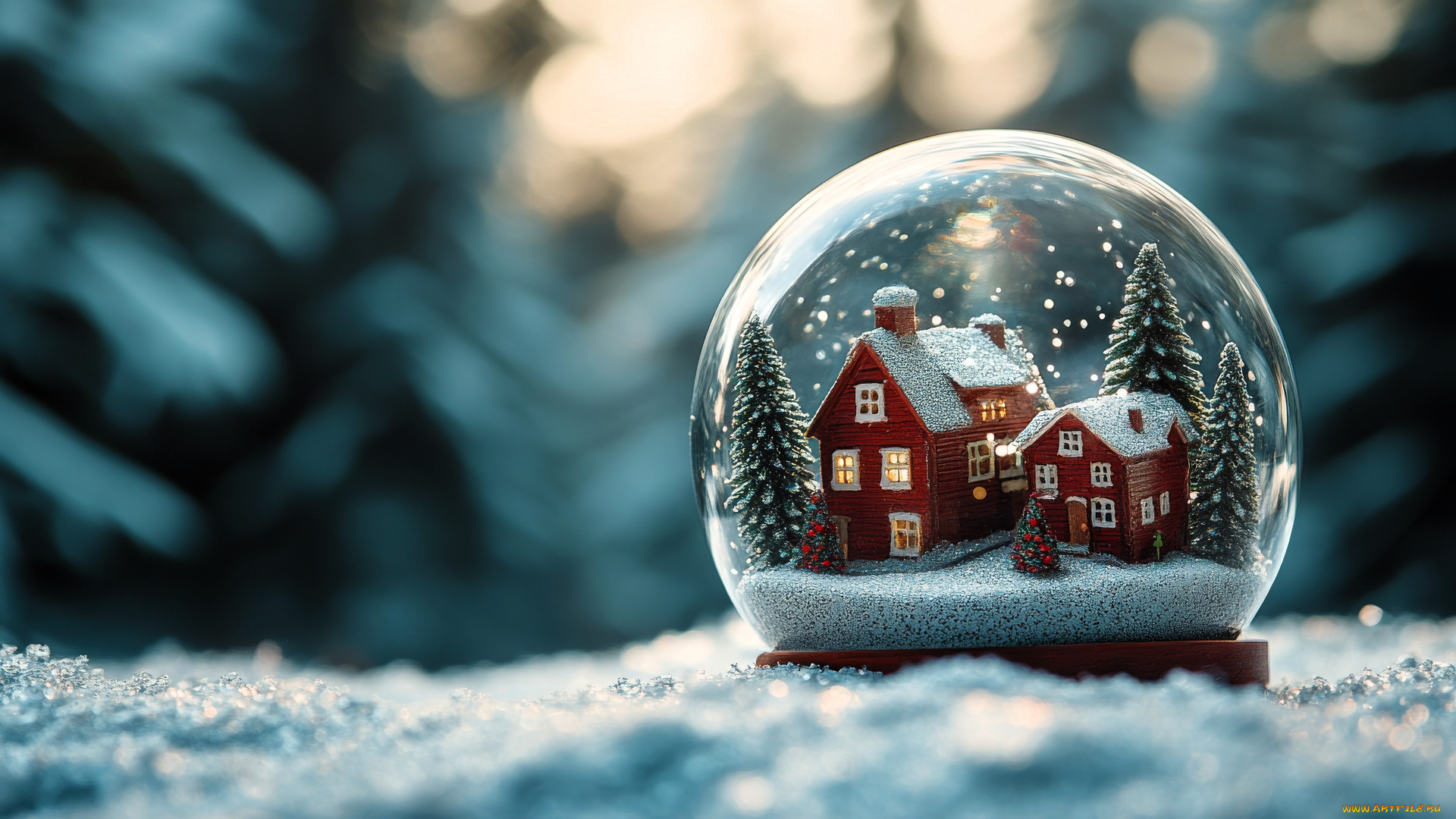 3д, графика, другое, , other, снег, шар, дома, ёлки