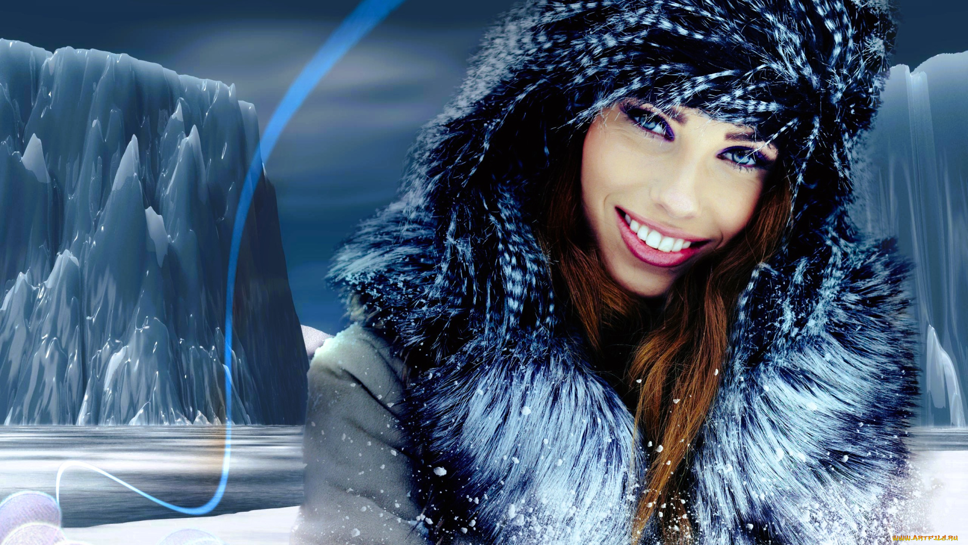 девушки, izabela, magier, лицо, шапка, мех, айсберги, снег, льды
