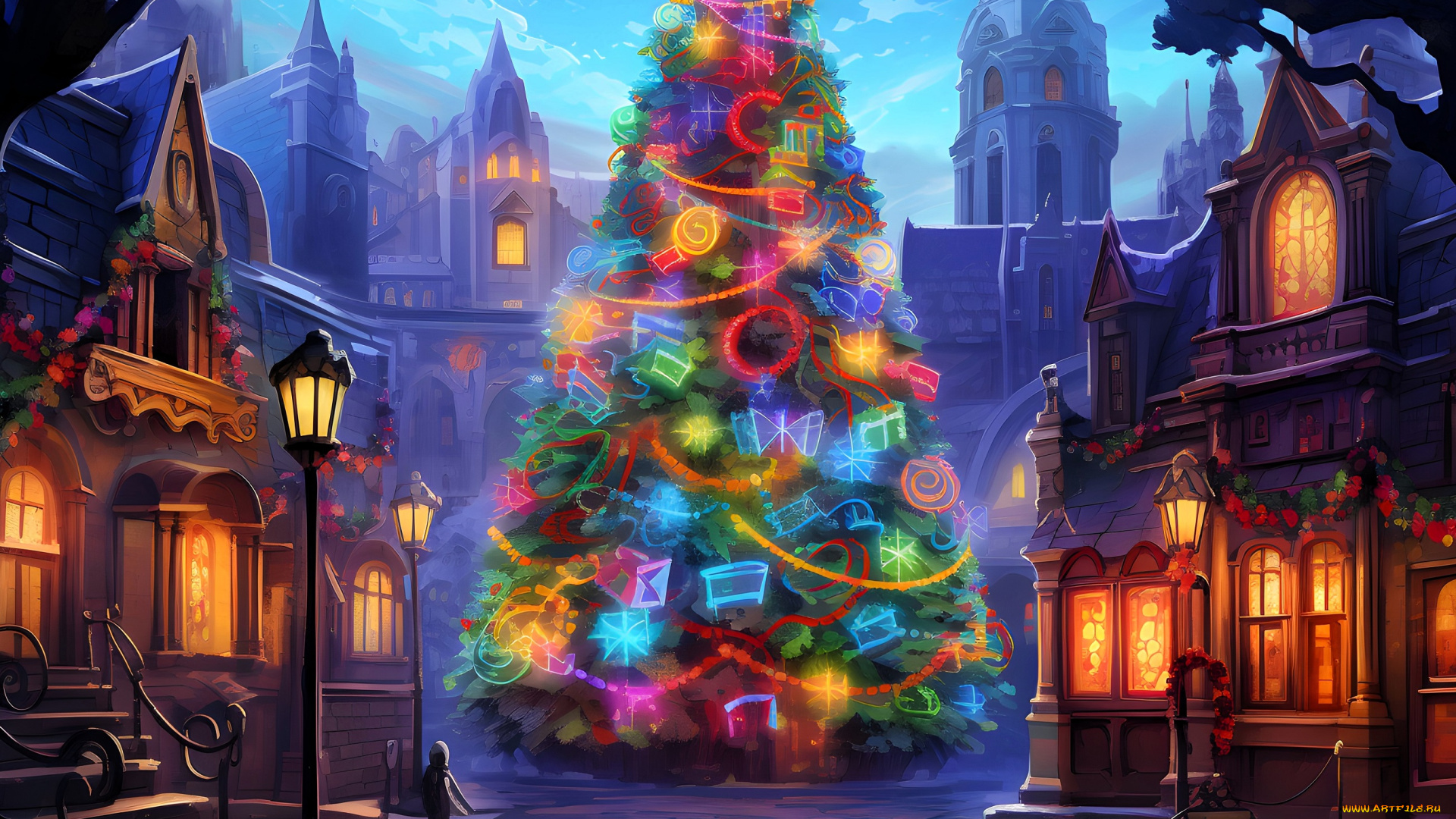 праздничные, ёлки, ёлка, огни, дома, человек, фонари