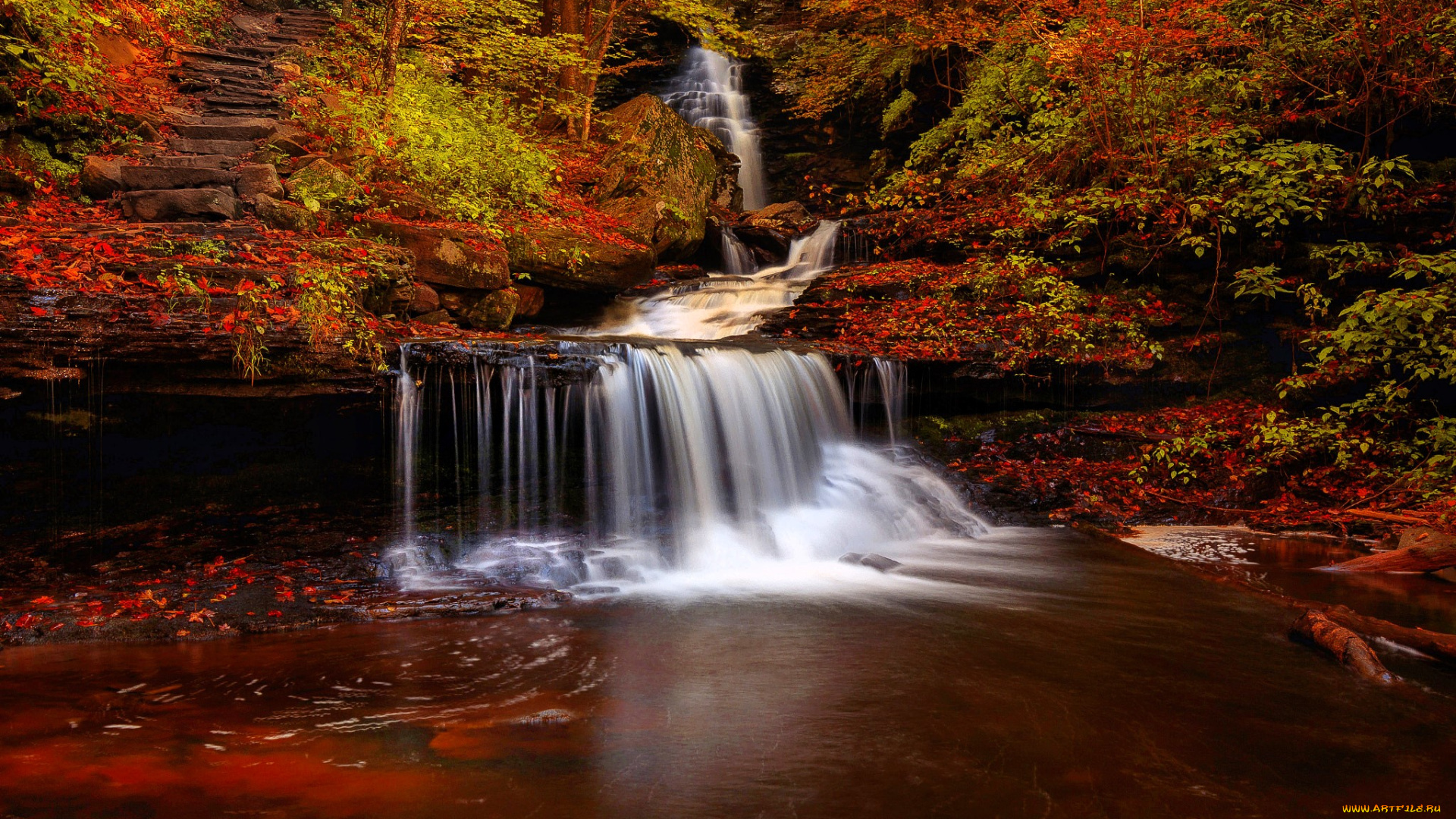 природа, водопады, лес, деревья, осень, ступени, водопад, озеро
