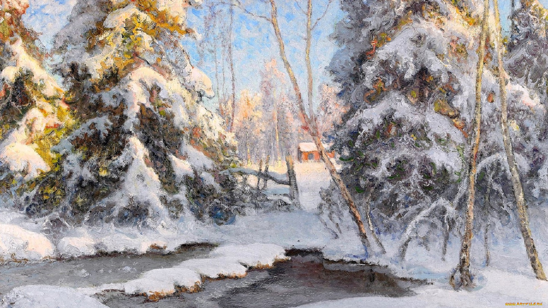 рисованное, walter, moras, деревья, прорубь, снег, лед