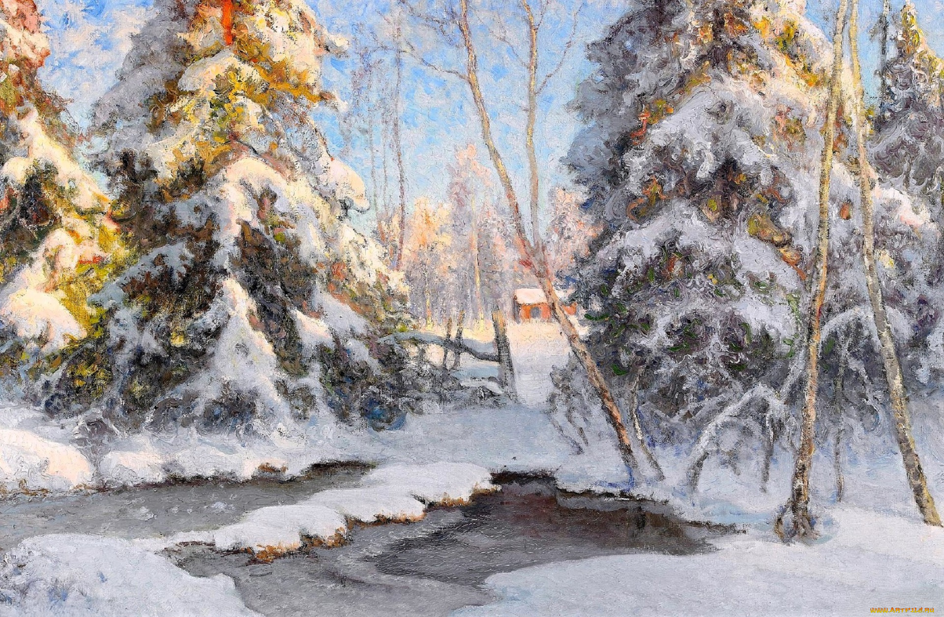 рисованное, walter, moras, деревья, прорубь, снег, лед