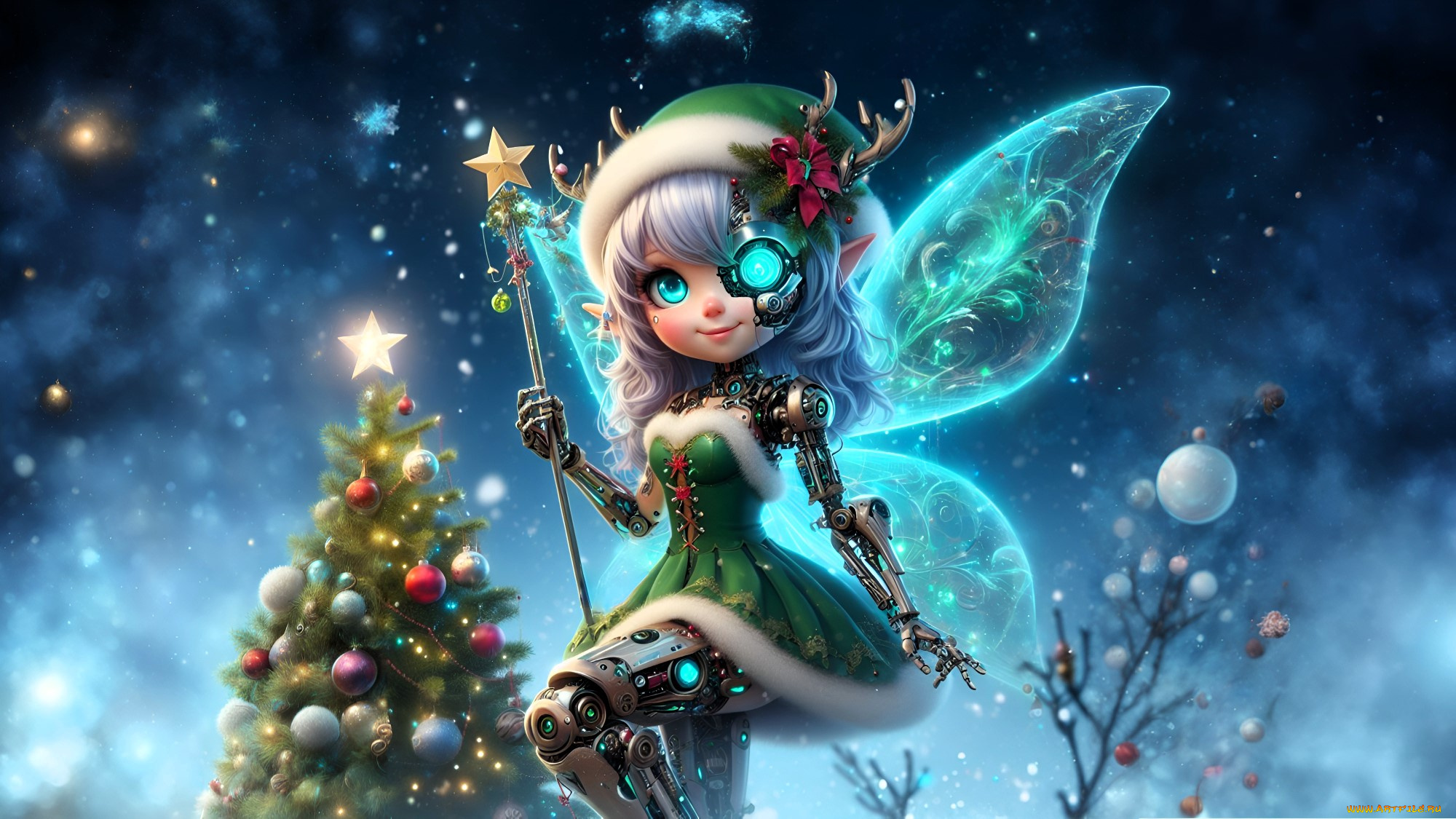 3д, графика, фантазия, , fantasy, девочка, фея, киборг, посох, ёлка, крылья, новый, год