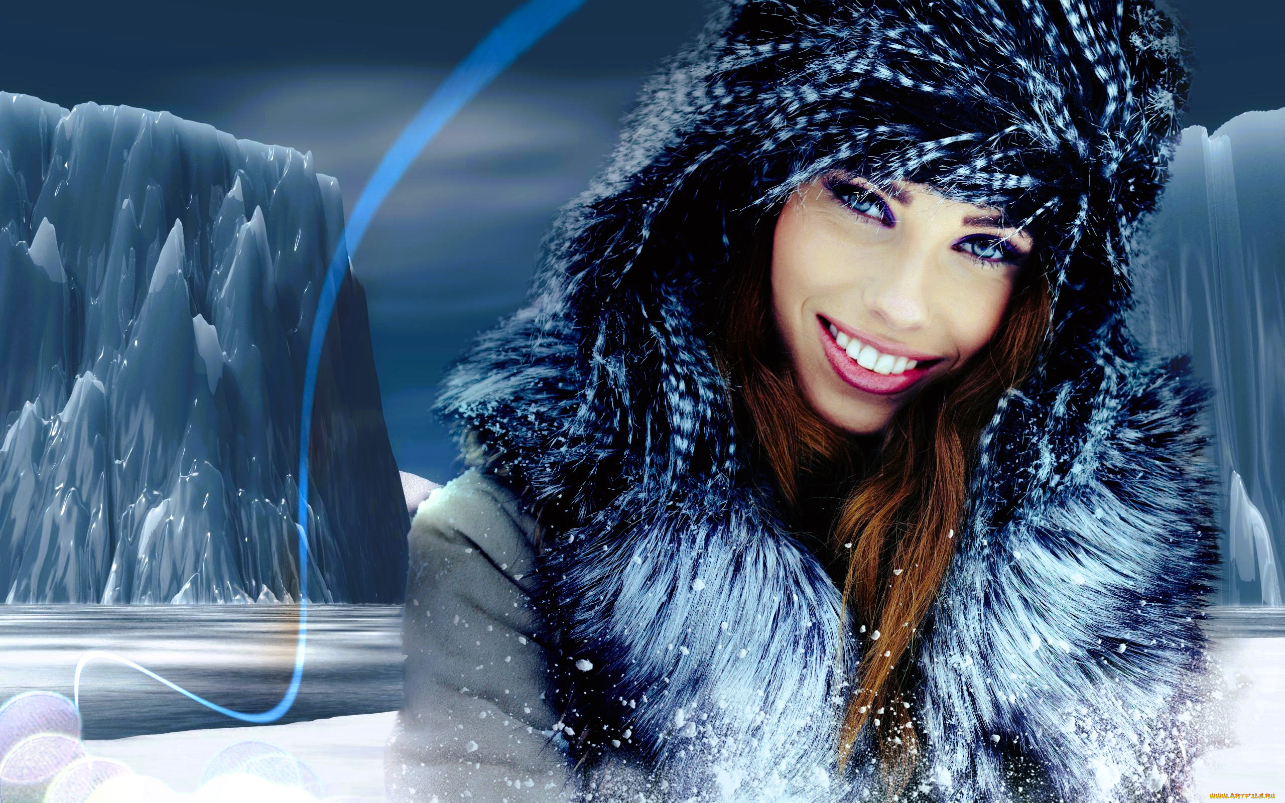 девушки, izabela, magier, лицо, шапка, мех, айсберги, снег, льды
