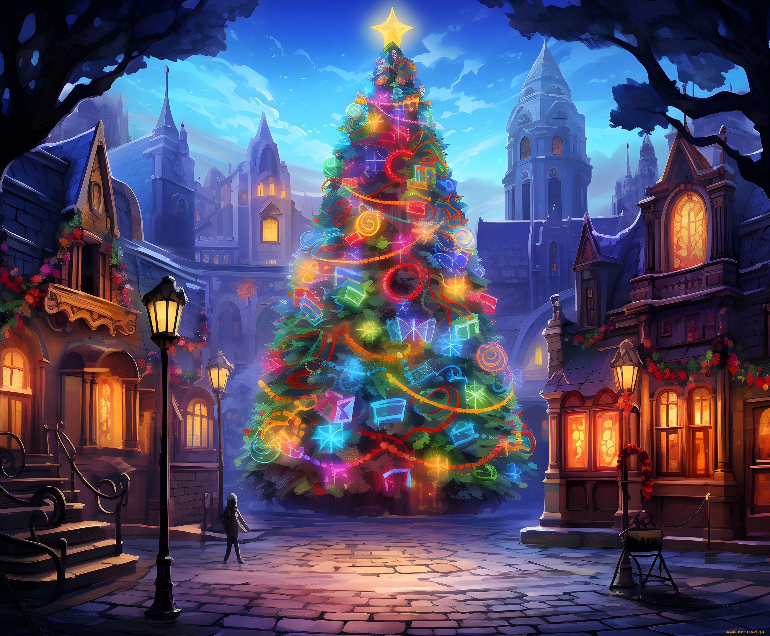 праздничные, ёлки, ёлка, огни, дома, человек, фонари