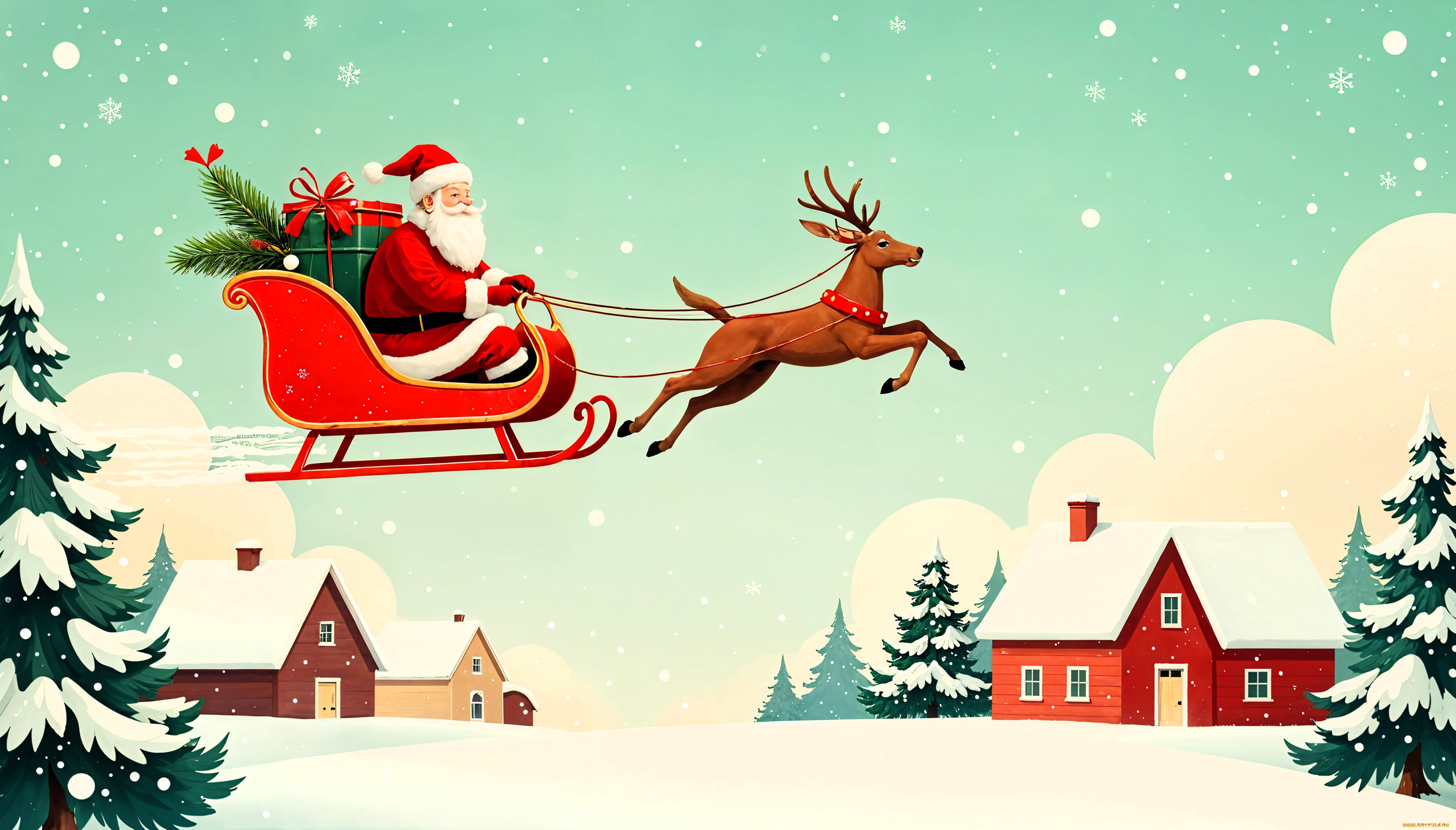 праздничные, дед, мороз, , санта, клаус, санта, клаус, сани, олень, подарки, дома, снег, ёлки