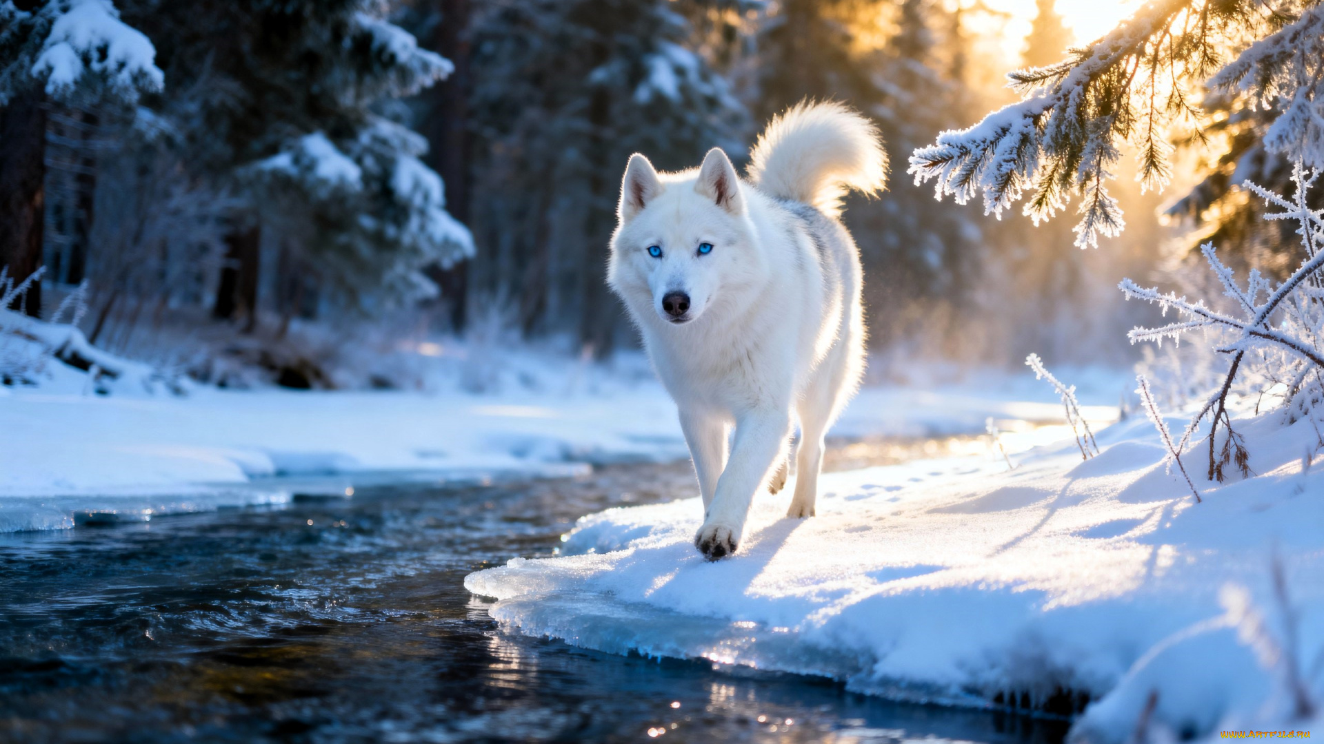 3д, графика, животные, , animals, собака, белая, река, лес, зима, снег