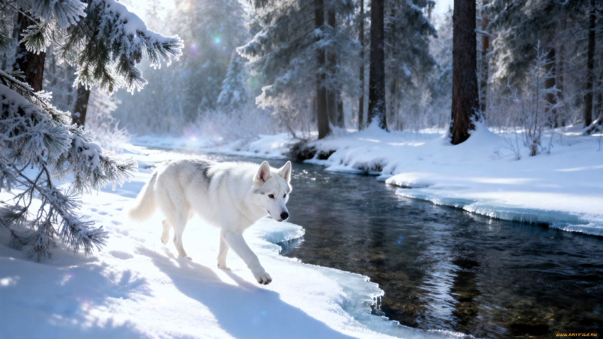 3д, графика, животные, , animals, собака, белая, река, лес, зима, снег