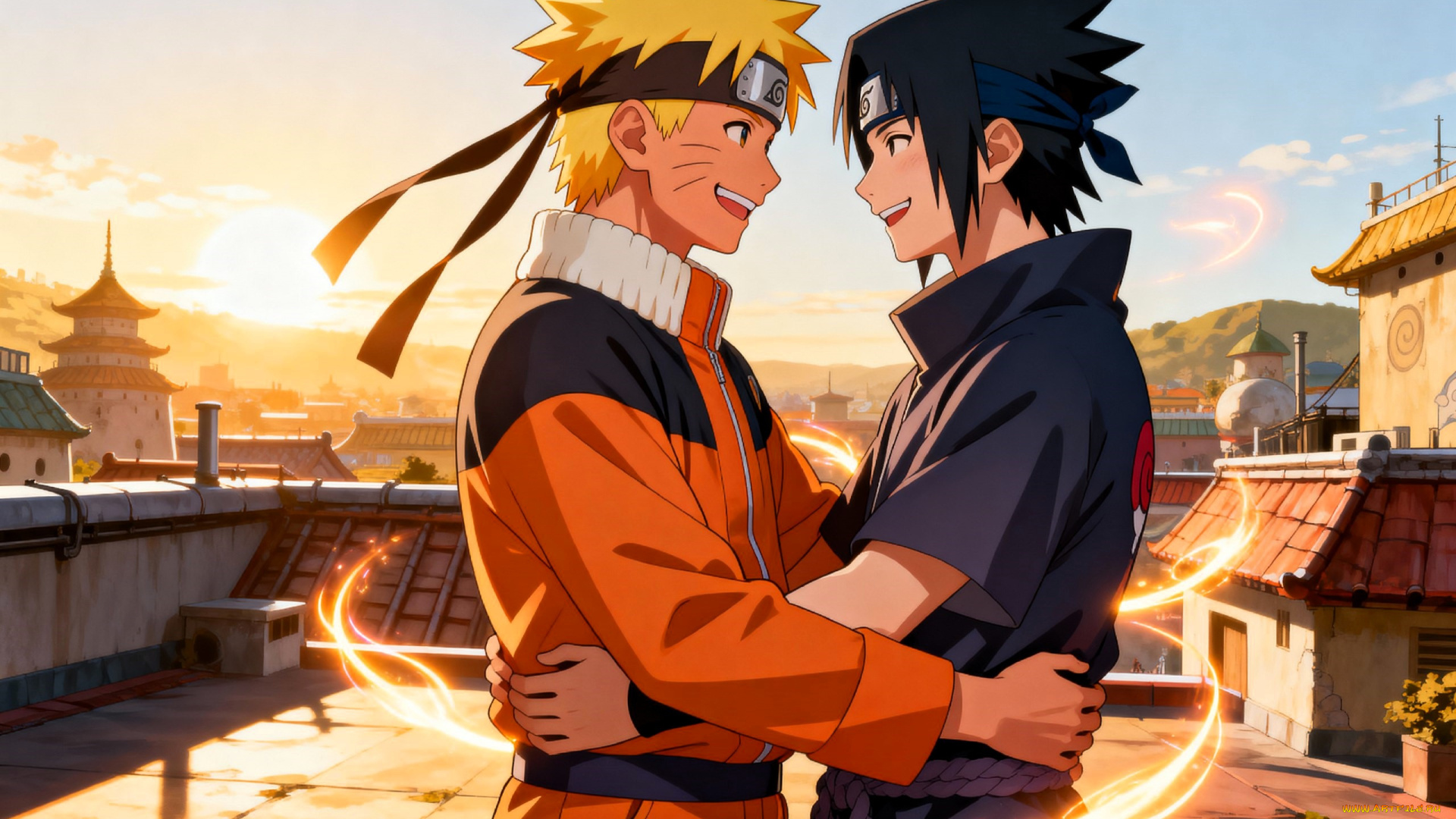 аниме, naruto, узумаки, наруто, учиха, саске, объятия, город, двор