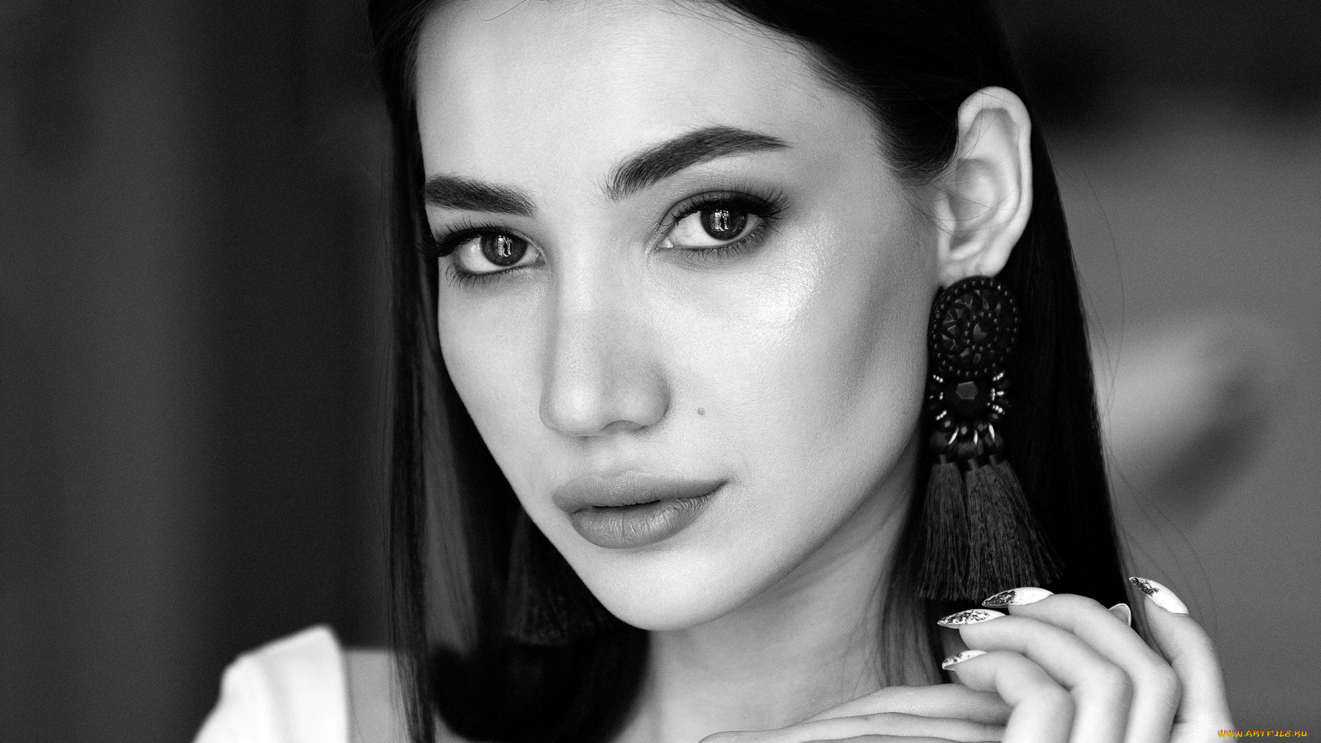 девушки, -, лица, , портреты, лицо, брюнетка, руки, черно-белая