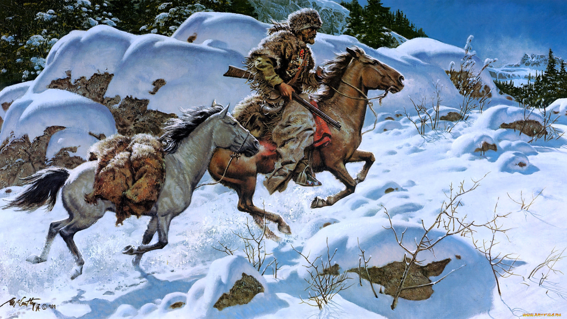 frank, c, , mccarthy, рисованное, люди, охотник, всадник, лошади, снег, зима, лес, горы