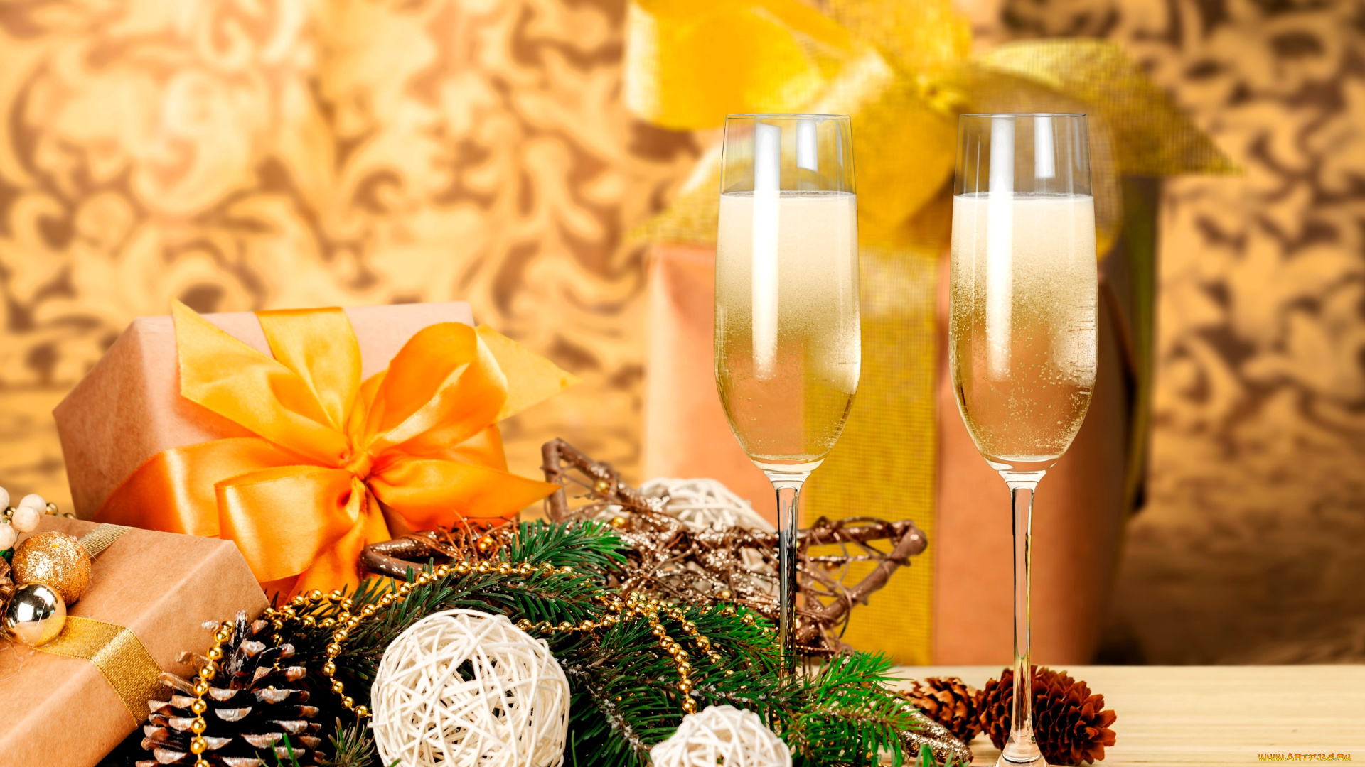 праздничные, подарки, и, коробочки, бокалы, подарки, украшения