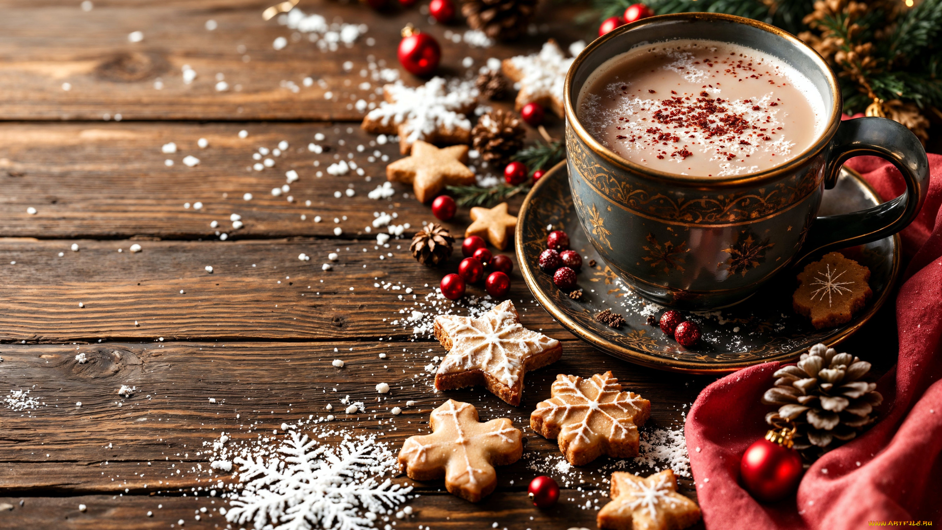 праздничные, угощения, чашка, напиток, блюдце, печенье, шишки