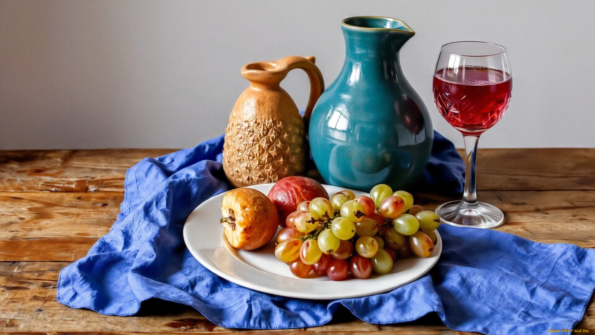 разное, компьютерный, дизайн, стол, ткань, кувшины, бокал, тарелки, фрукты