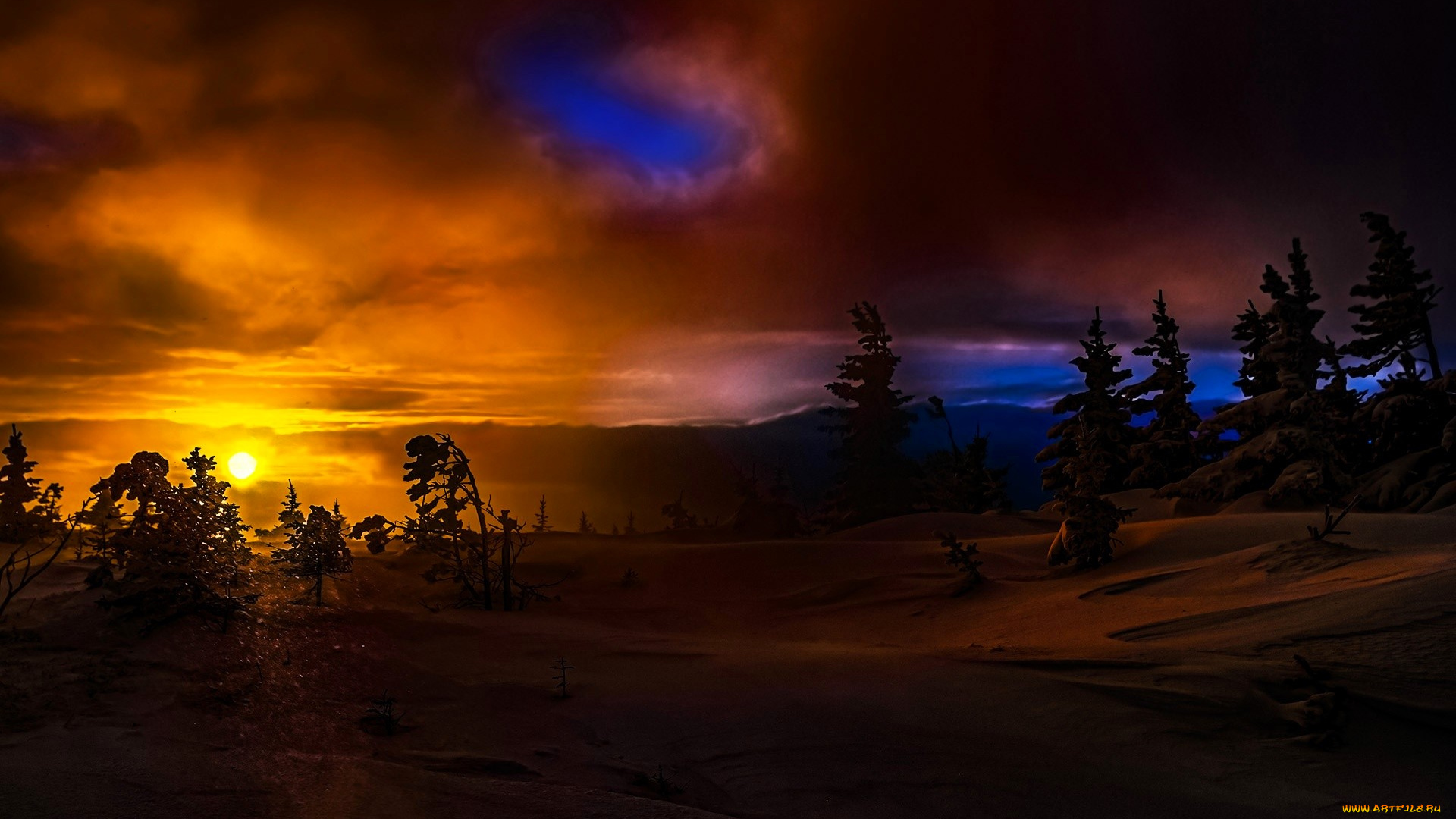 разное, компьютерный, дизайн, тучи, закат, снег, деревья, горы