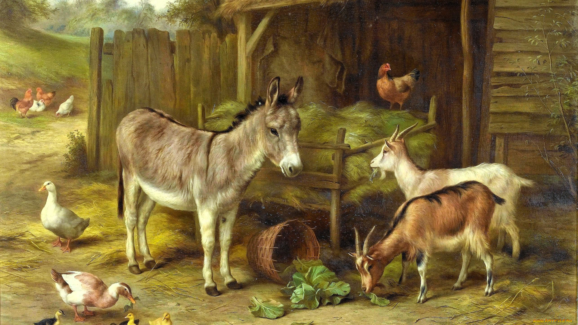 рисованное, edgar, hunt, осел, козы, куры, утки, сено, сарай