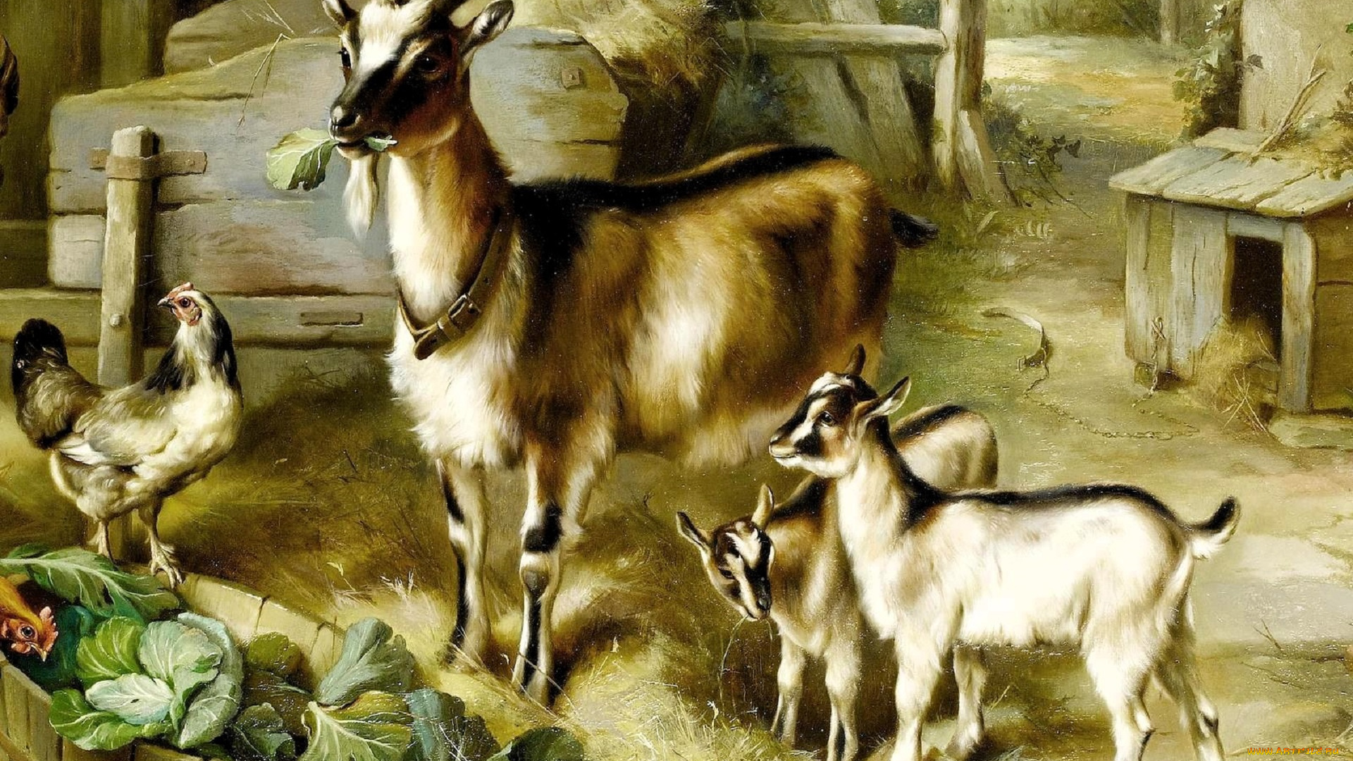 рисованное, edgar, hunt, сарай, сено, капуста, козы, курица