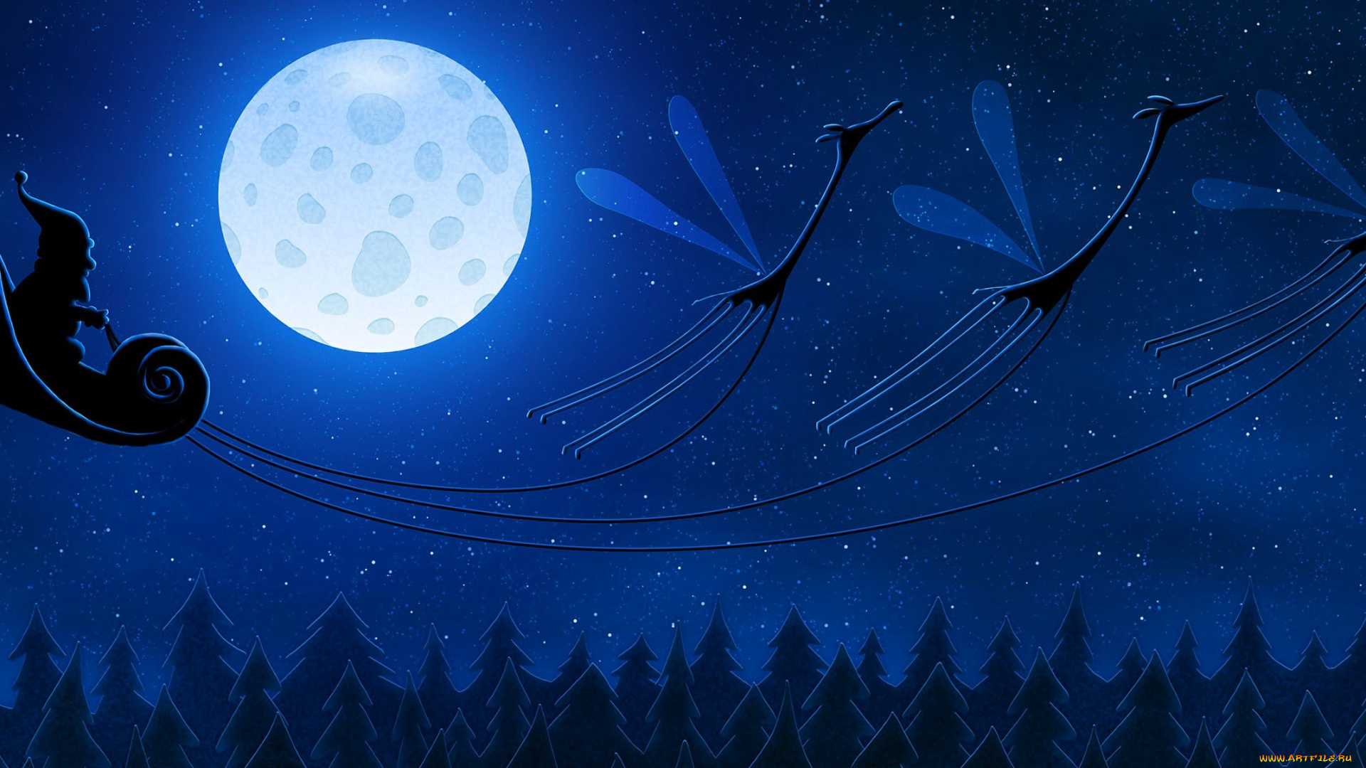 рисованное, vladstudio, сани, санта, клаус, жирафы, крылья, звезды, луна, лес