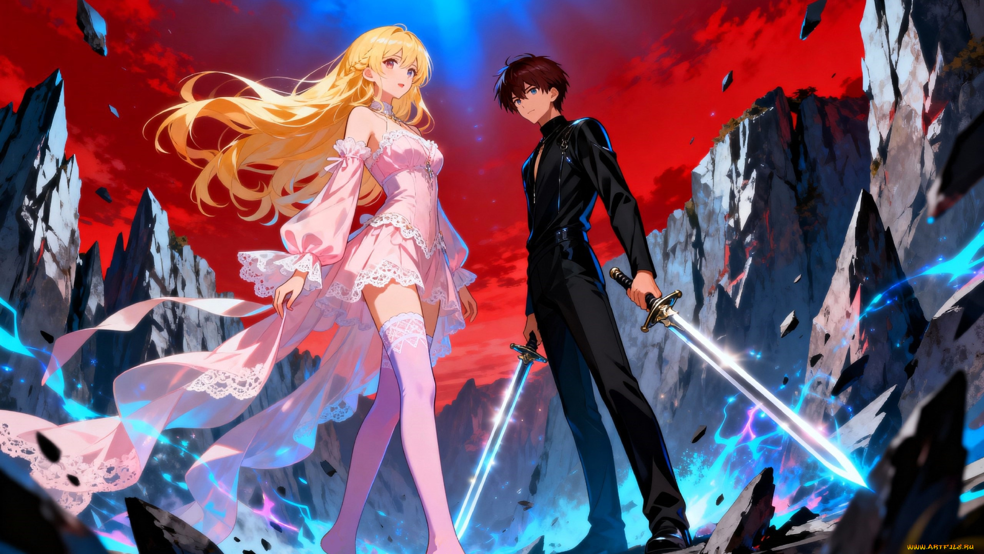 видео, игры, arena, of, valor, парень, девушка, мечи, магия, скалы