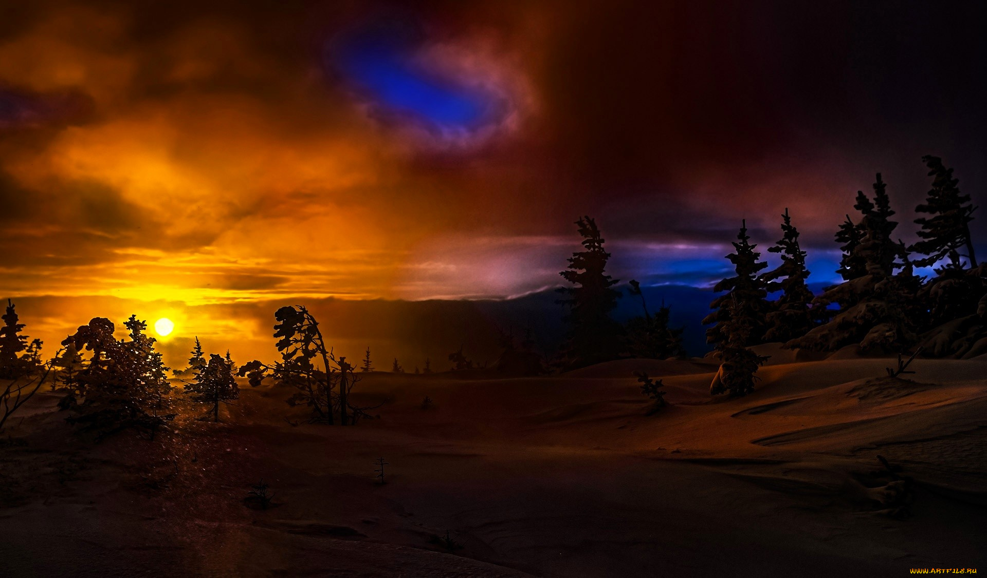 разное, компьютерный, дизайн, тучи, закат, снег, деревья, горы