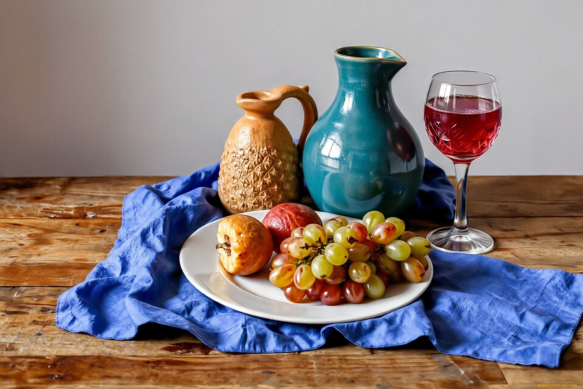 разное, компьютерный, дизайн, стол, ткань, кувшины, бокал, тарелки, фрукты