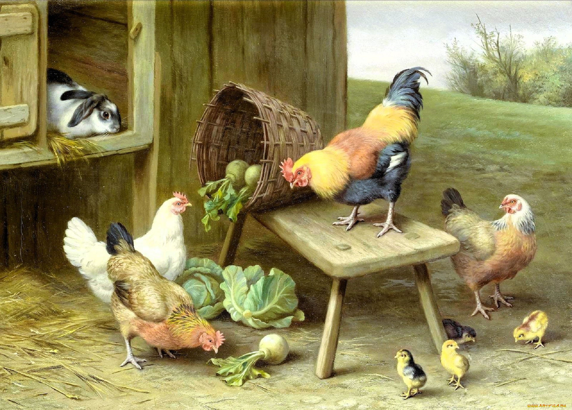 рисованное, edgar, hunt, сарай, корзина, кролик, куры, капуста, цыплята, репа, скамейка