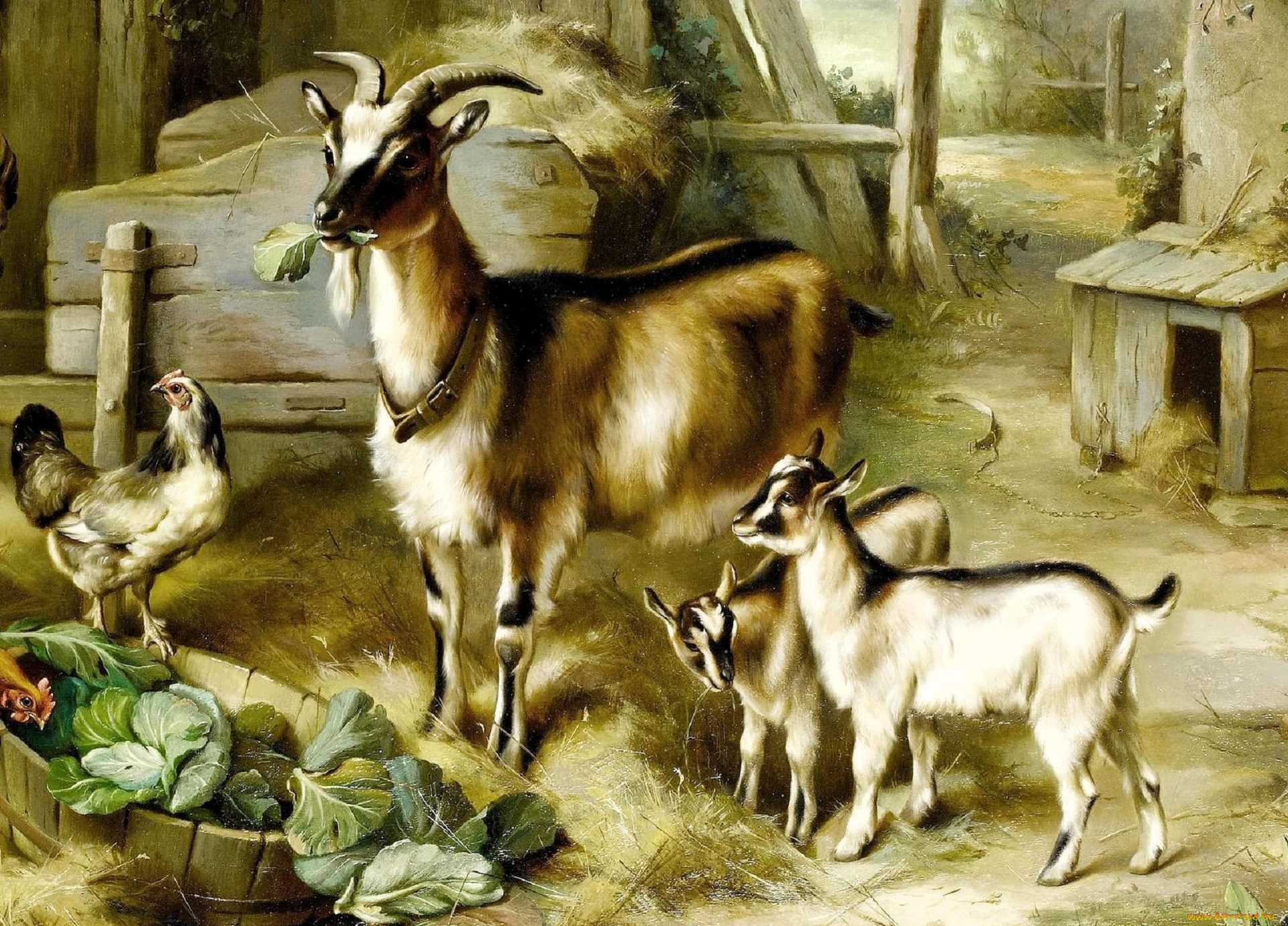 рисованное, edgar, hunt, сарай, сено, капуста, козы, курица
