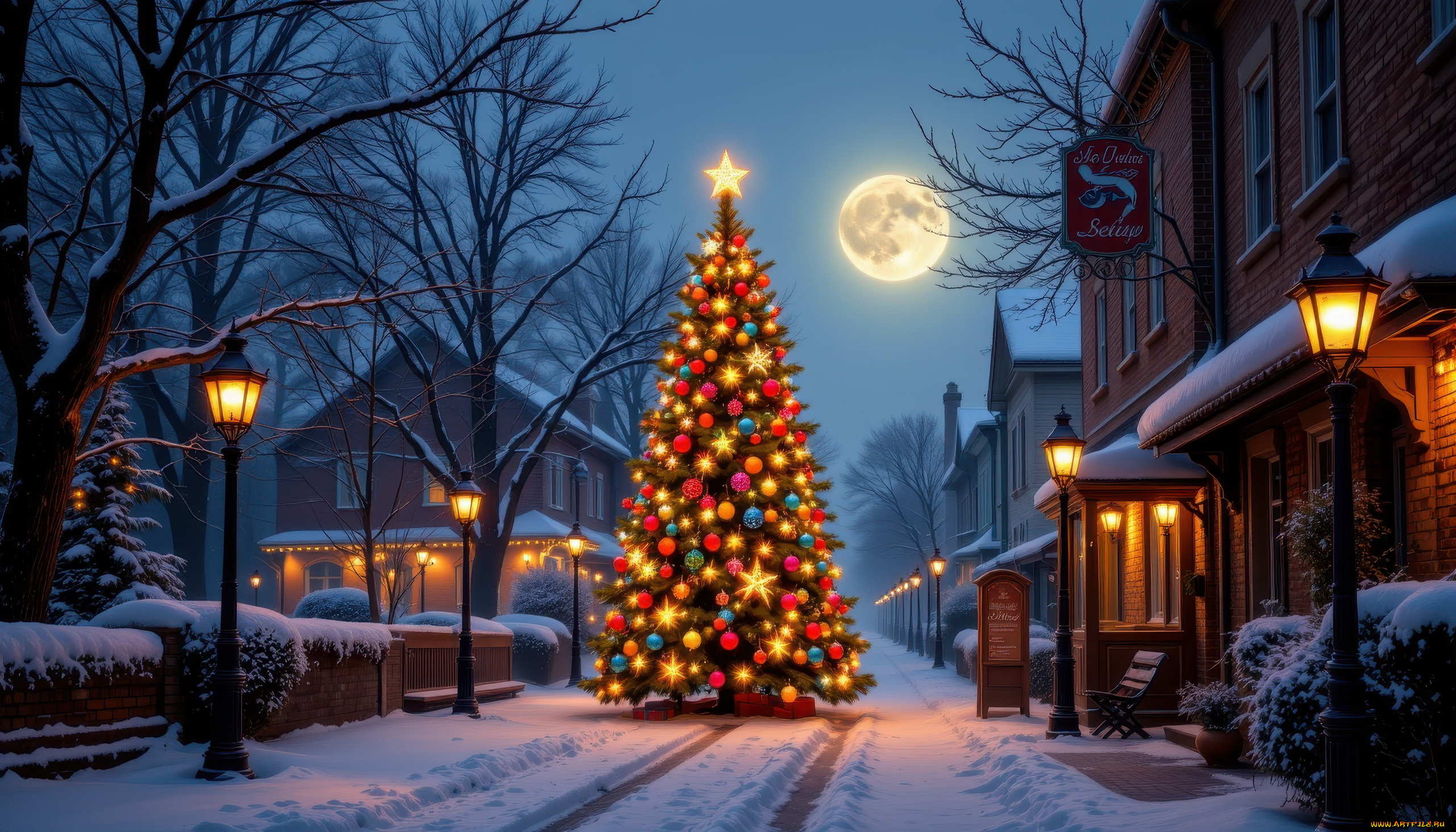 автор, wp, stl, 3д, графика, праздники, , holidays, улица, зима, дома, снег, фонари, луна, елка