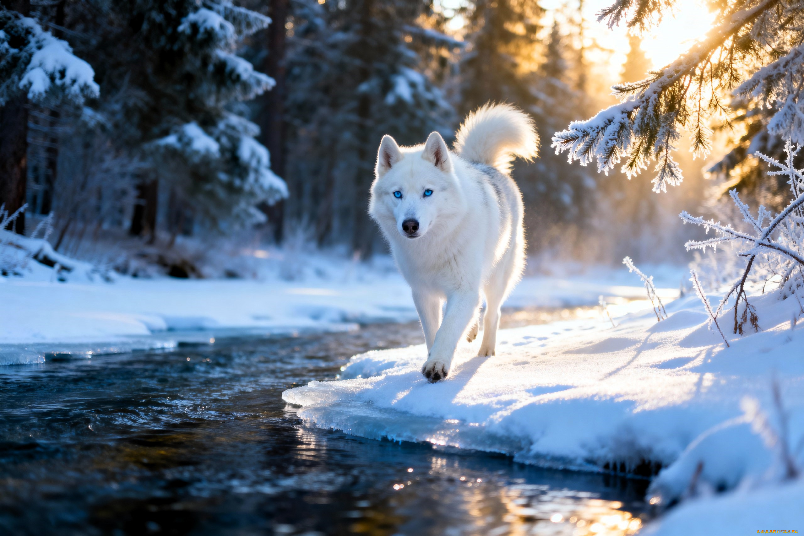 3д, графика, животные, , animals, собака, белая, река, лес, зима, снег