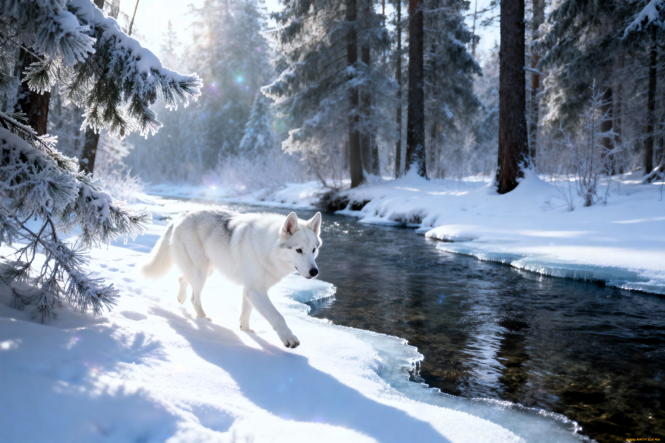 3д, графика, животные, , animals, собака, белая, река, лес, зима, снег