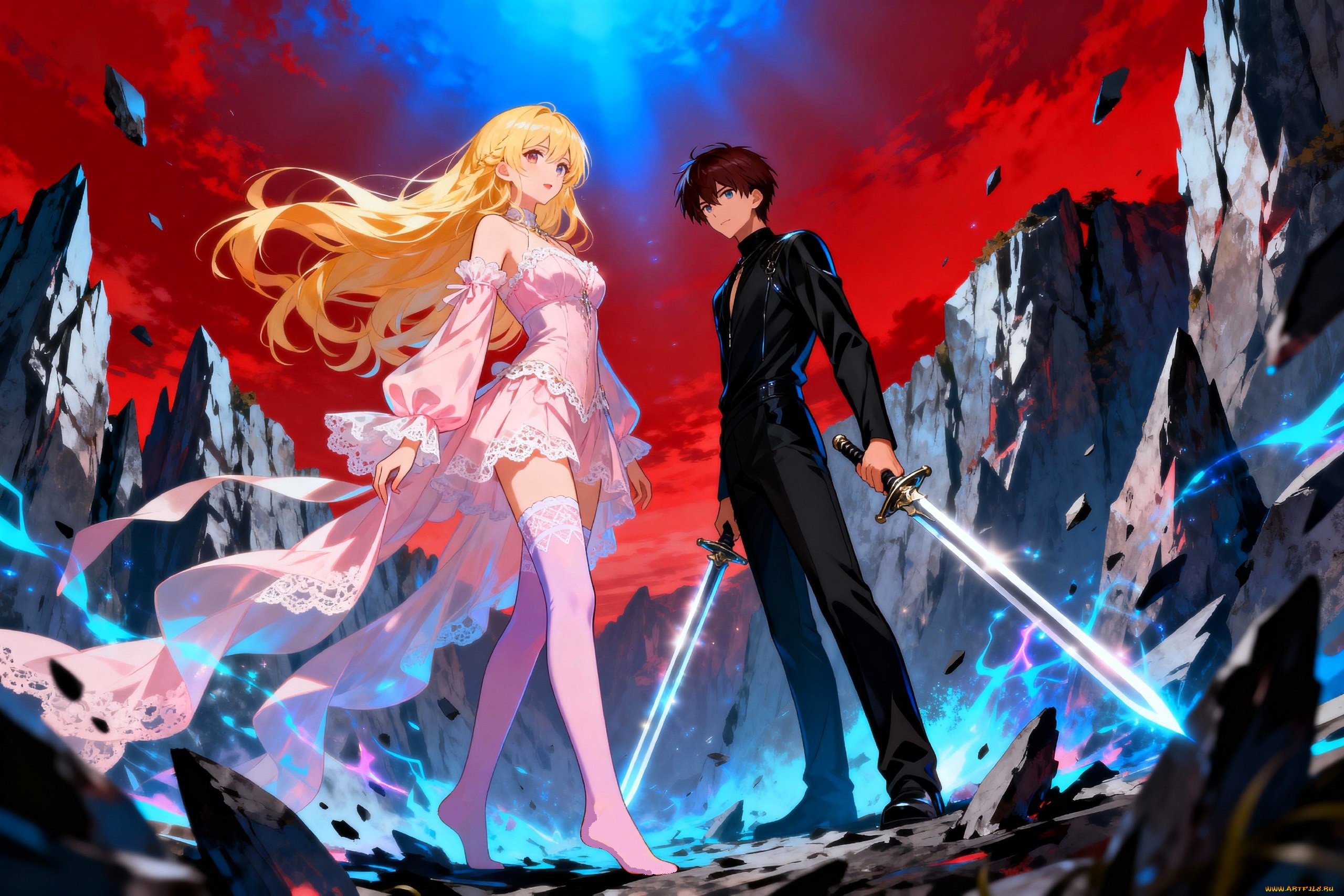 видео, игры, arena, of, valor, парень, девушка, мечи, магия, скалы