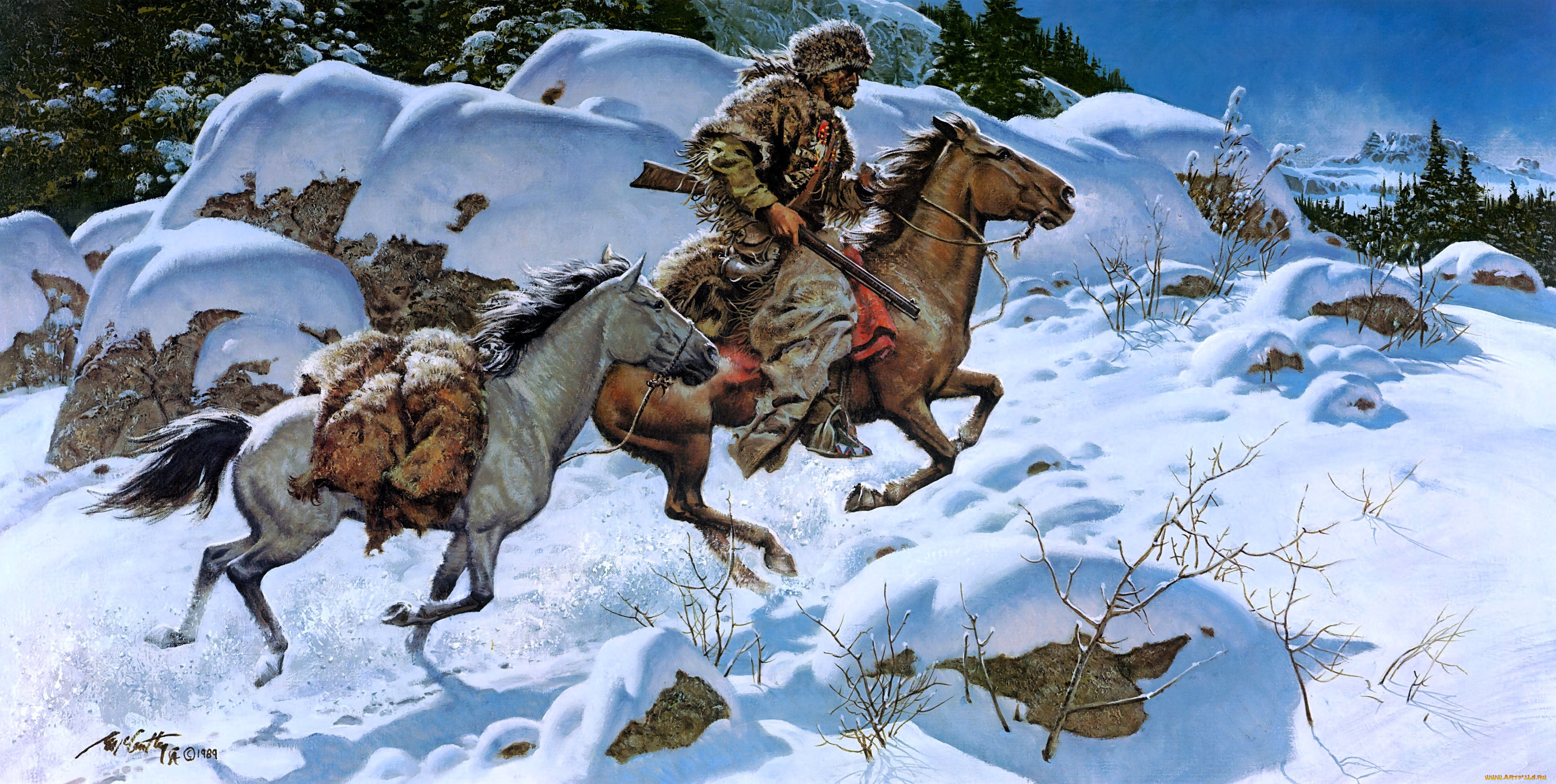 frank, c, , mccarthy, рисованное, люди, охотник, всадник, лошади, снег, зима, лес, горы